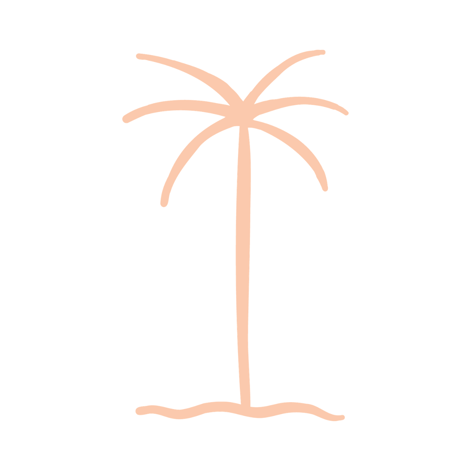 Minimalist coral pink palm tree illustration with simple curved fronds against dark background.