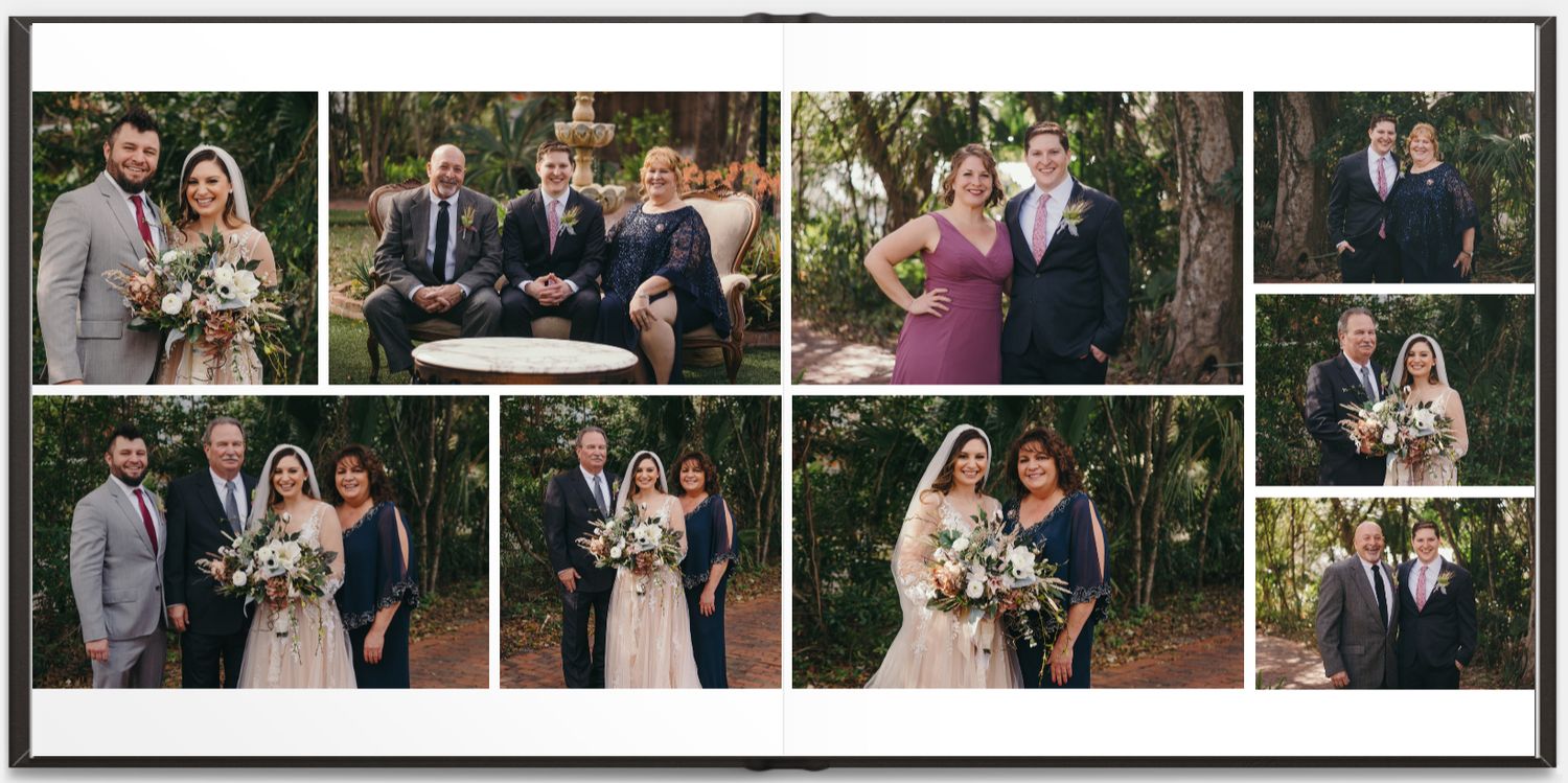 Album page displaying formal wedding party portraits in a lush garden setting.