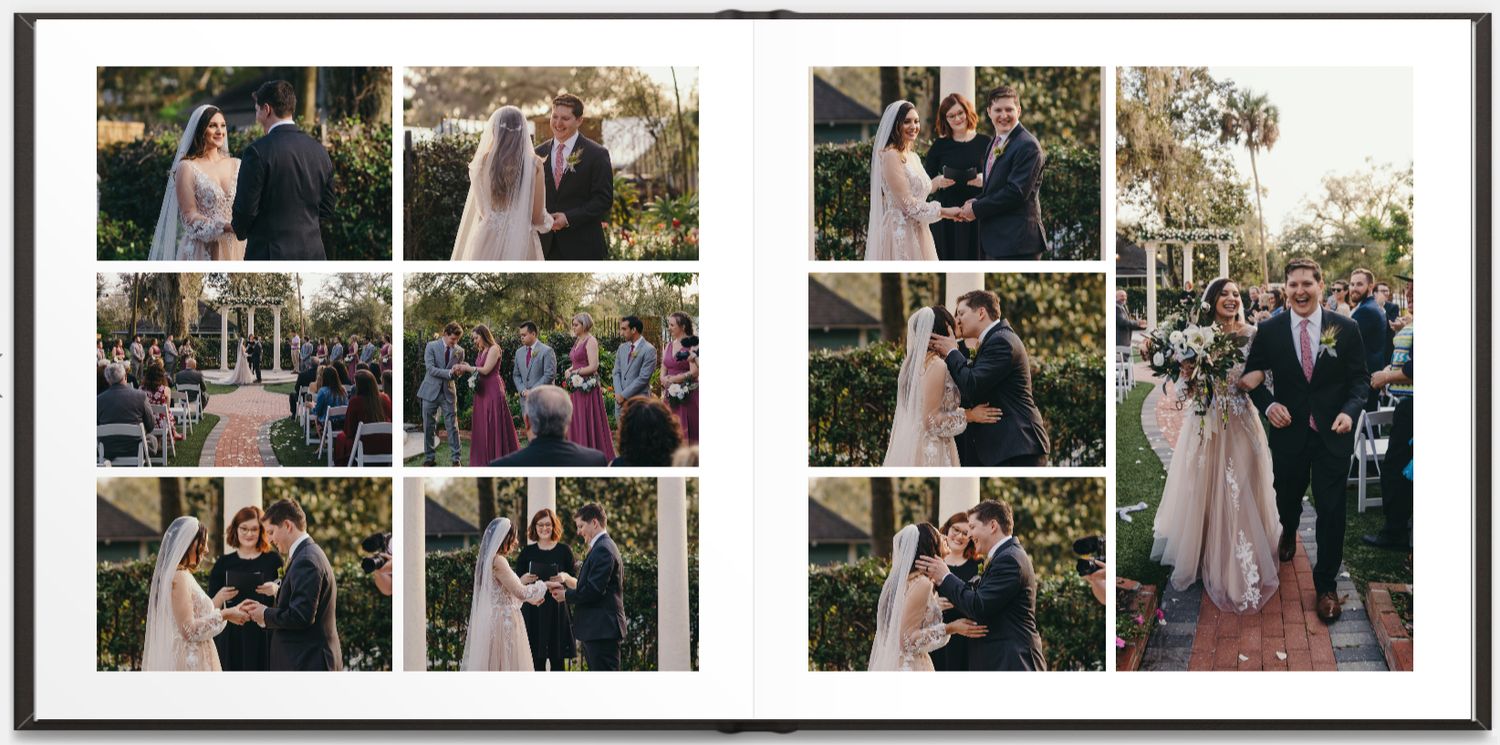 Wedding ceremony photographs arranged in an album showing outdoor garden celebration with floral decor.