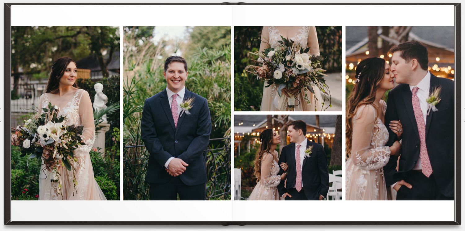 Collection of candid and posed wedding photographs featuring floral bouquets and outdoor settings.