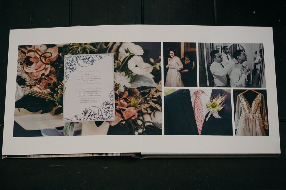 Wedding details collage showing invitations, rings, dress and candid moments.