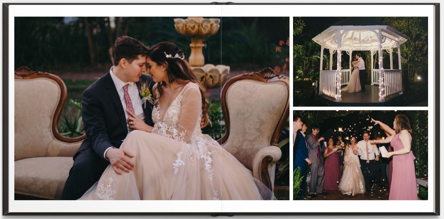 Elegant wedding portraits with vintage furniture and garden gazebo setting.