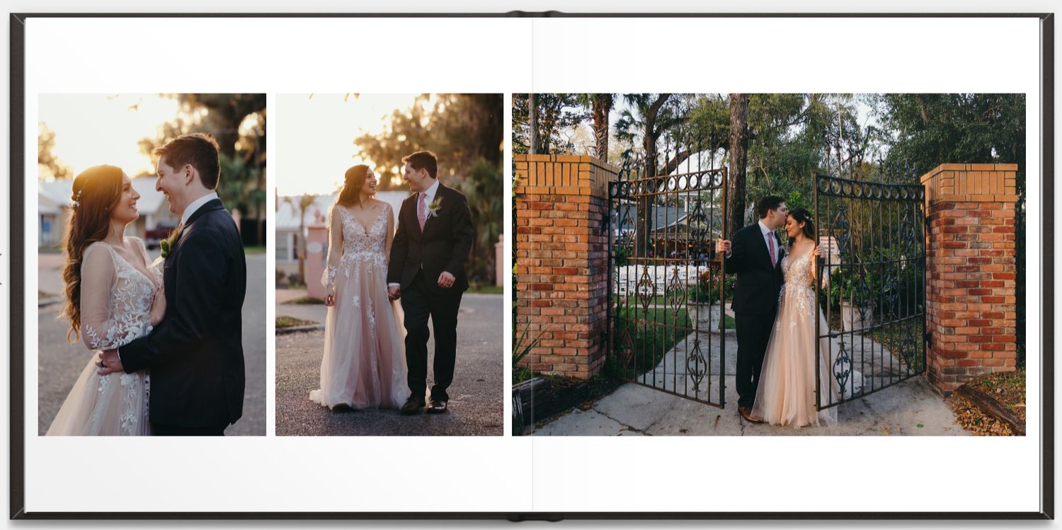 Romantic wedding photos by brick entrance gate featuring couple in formal attire.