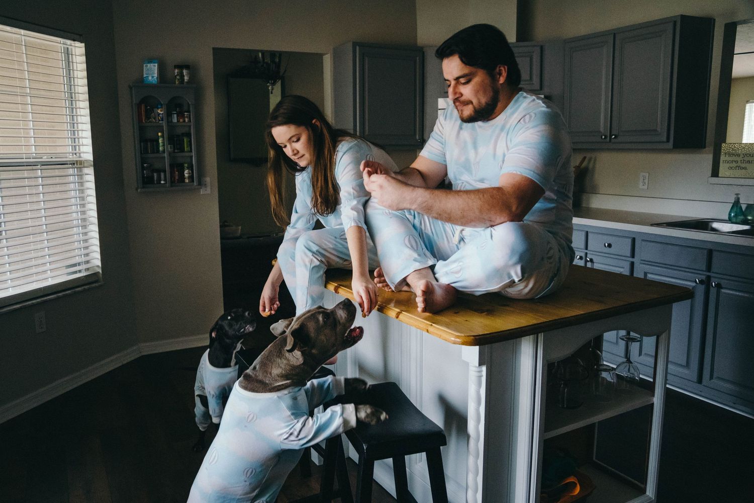 People sitting on kitchen counter pouring drinks with their dog in a modern home setting.
