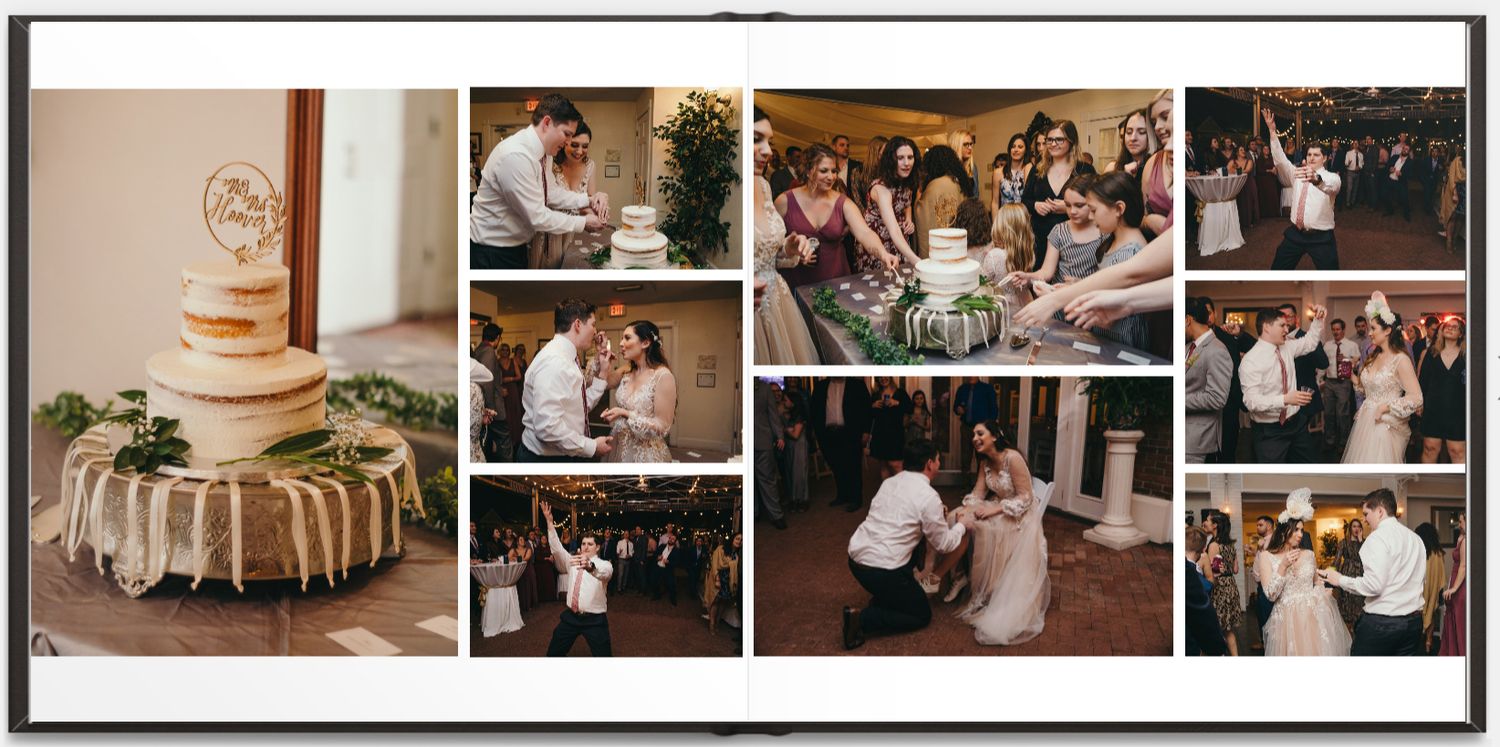 Wedding reception collage featuring cake detail and guests dancing on dance floor.