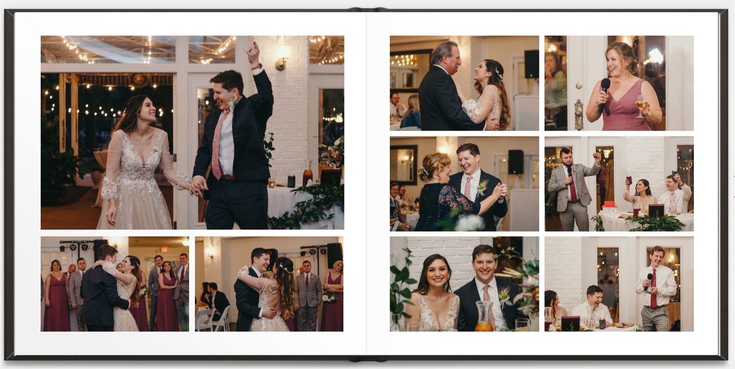 Indoor wedding reception moments captured showing dancing and celebrations.