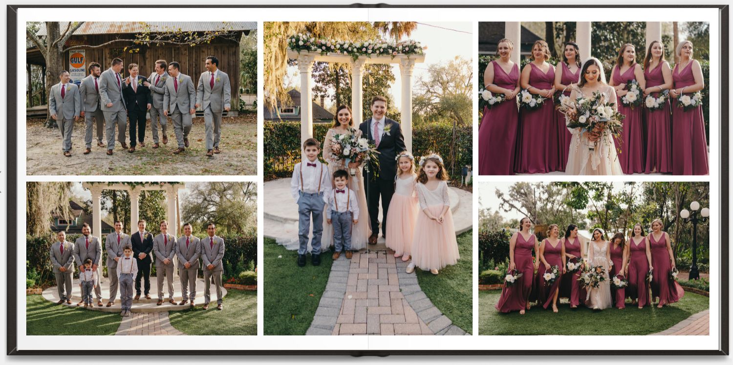 Wedding album spread showing bridal party in burgundy and pink attire posing outdoors.