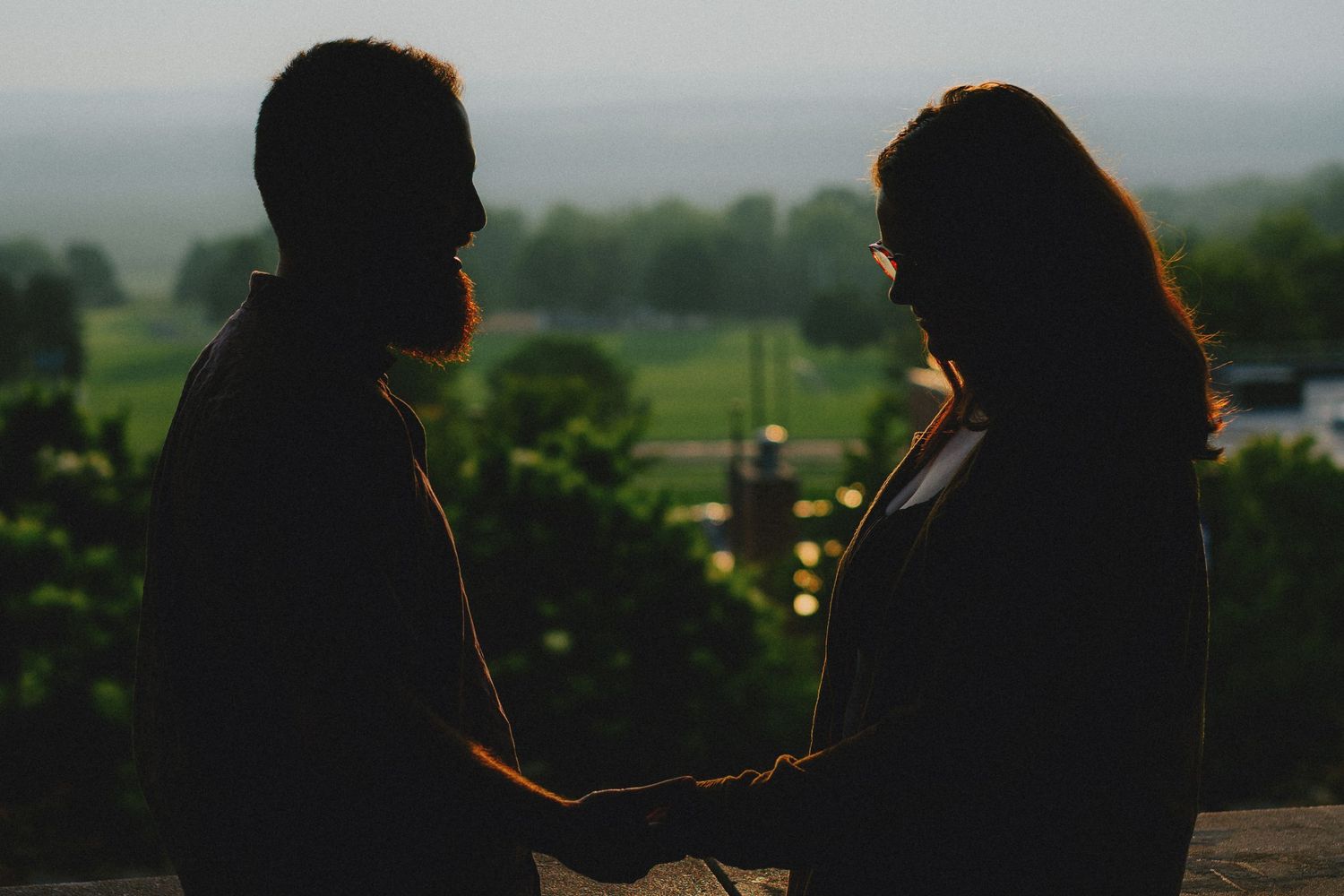 Silhouette of couple holding hands at dusk with scenic green landscape in the background.