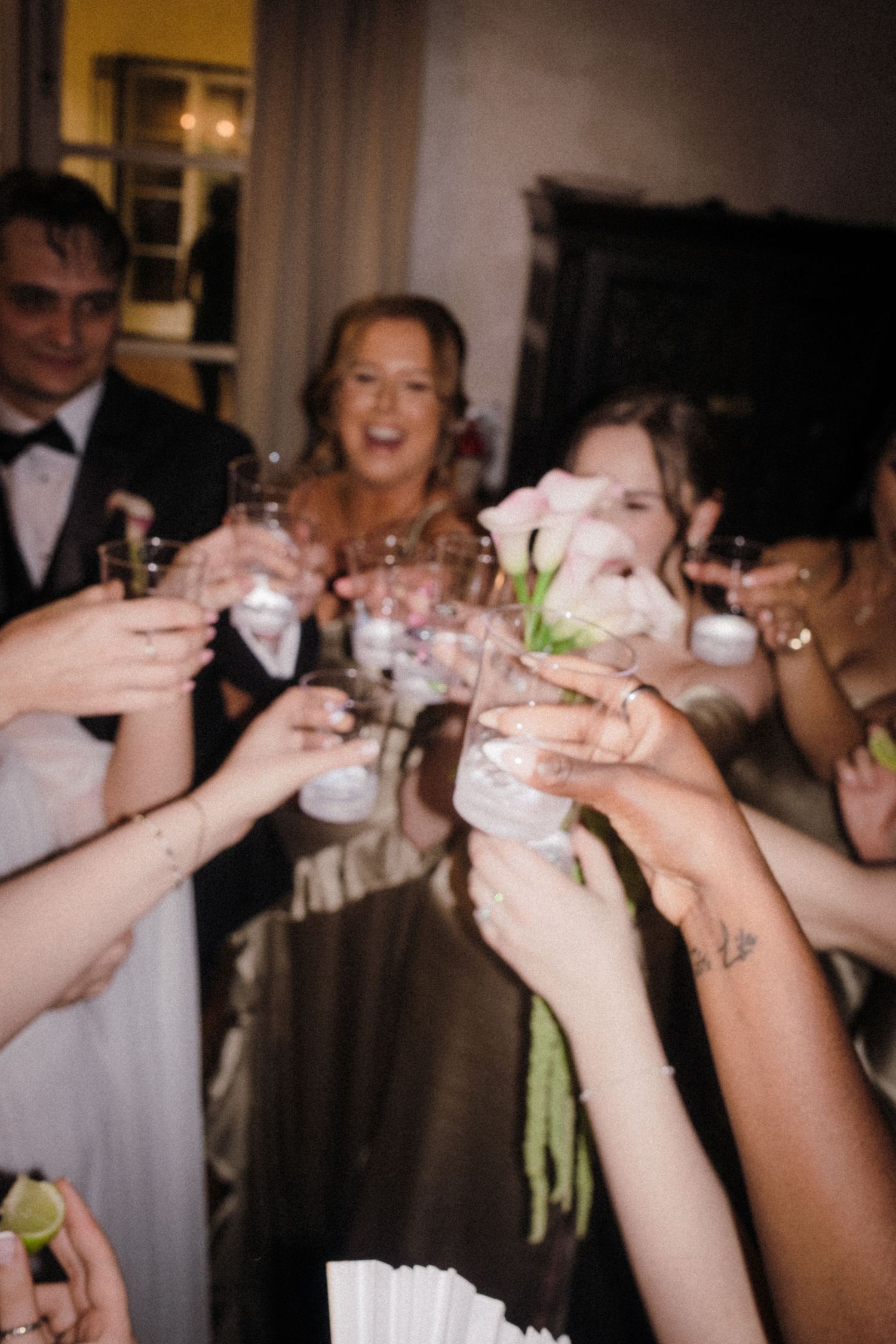 Wedding guests raising glasses in a celebratory toast, smiling and cheering at a formal indoor reception.