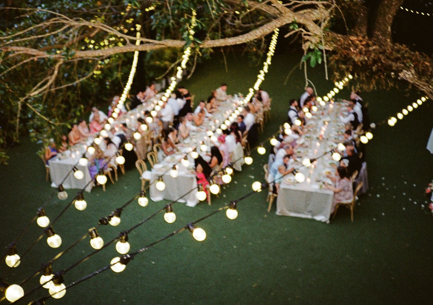 Aerial view of an elegant outdoor dinner party with string lights illuminating long white tables among trees at night.
