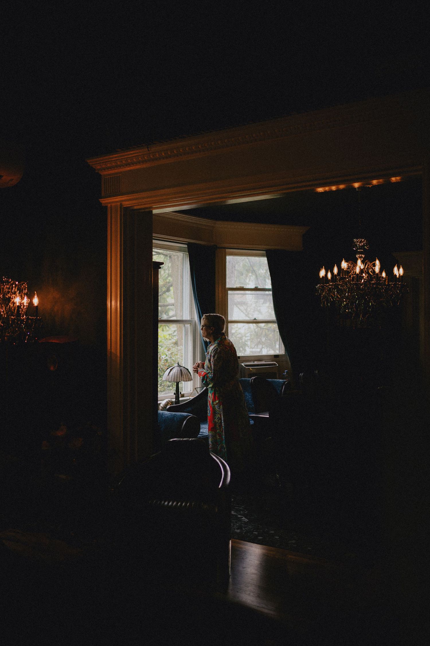 A silhouetted figure stands by a bright window in a dark, elegant room with chandeliers and ornate molding.
