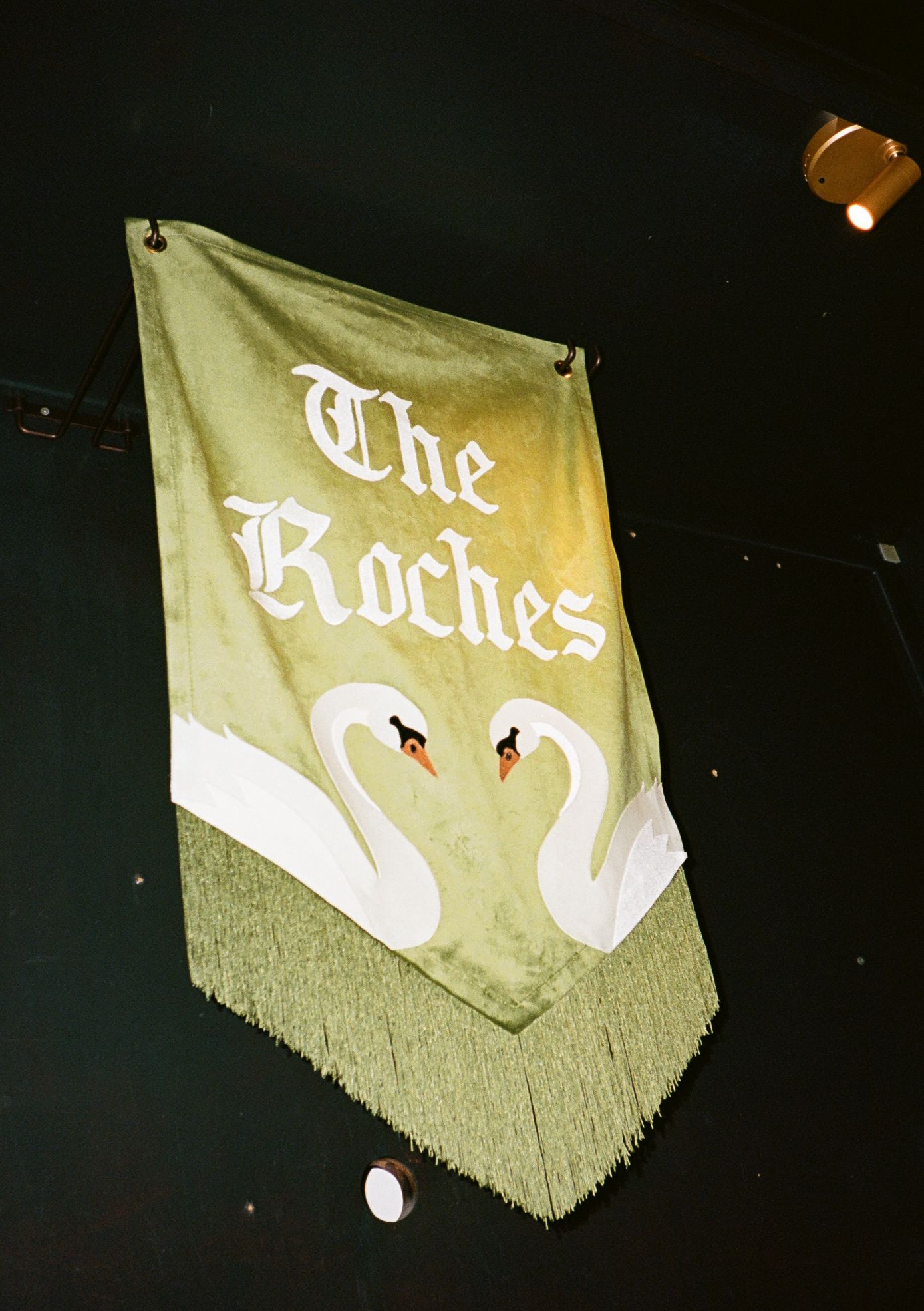 Green banner with swans displaying The Roches band name in white Gothic lettering with gold fringe trim.