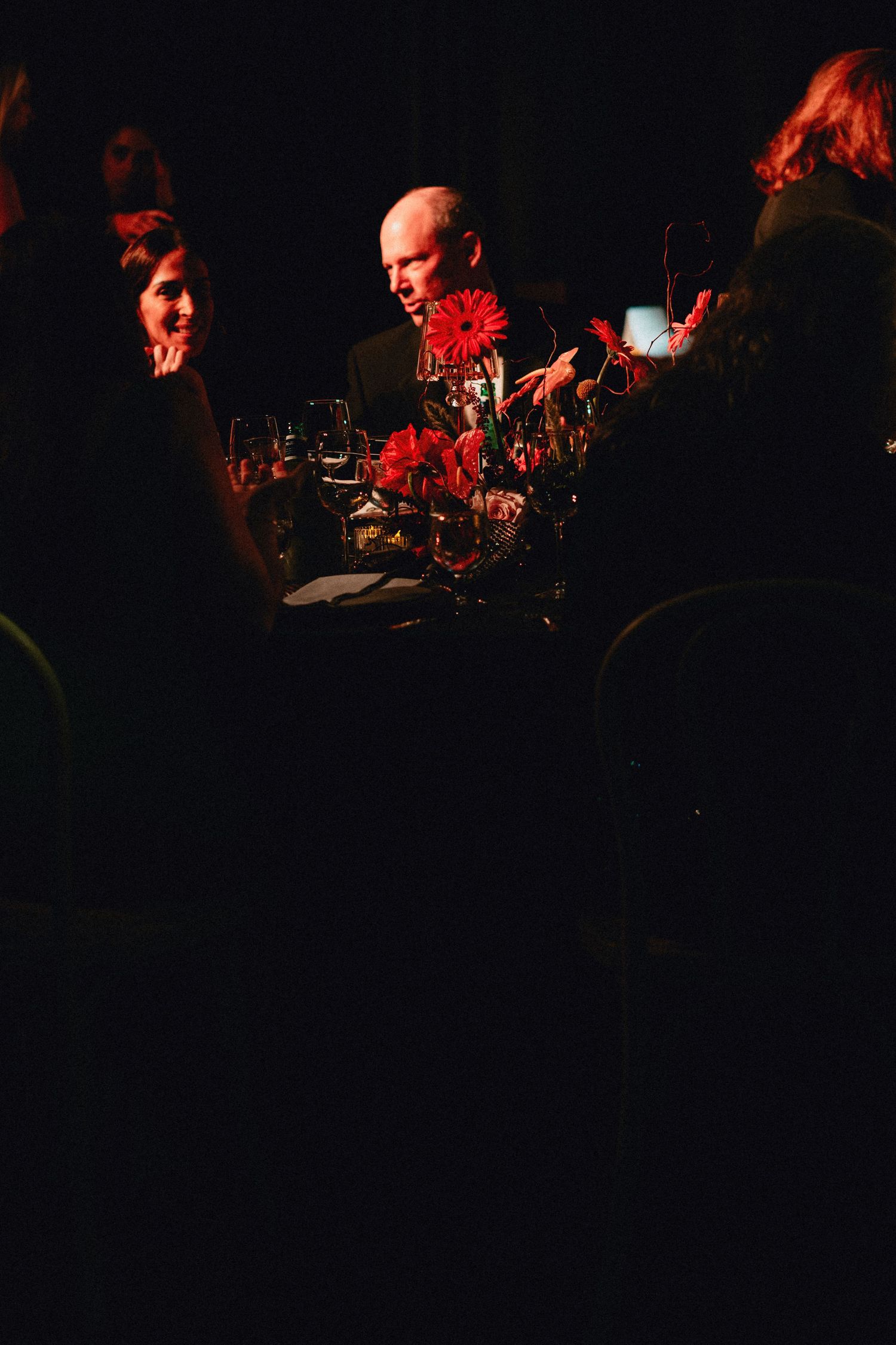 Elegant dinner party guests seated at a candlelit table with red floral centerpiece and wine glasses in dim lighting.