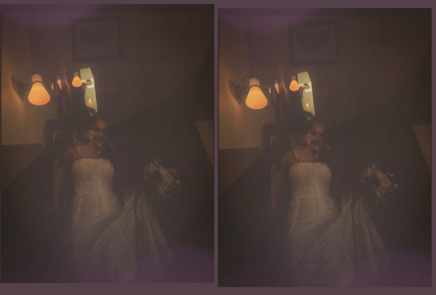 Bride in white wedding dress holding flowers under warm glowing lights in a dimly lit room, shown in a side-by-side duplicate.