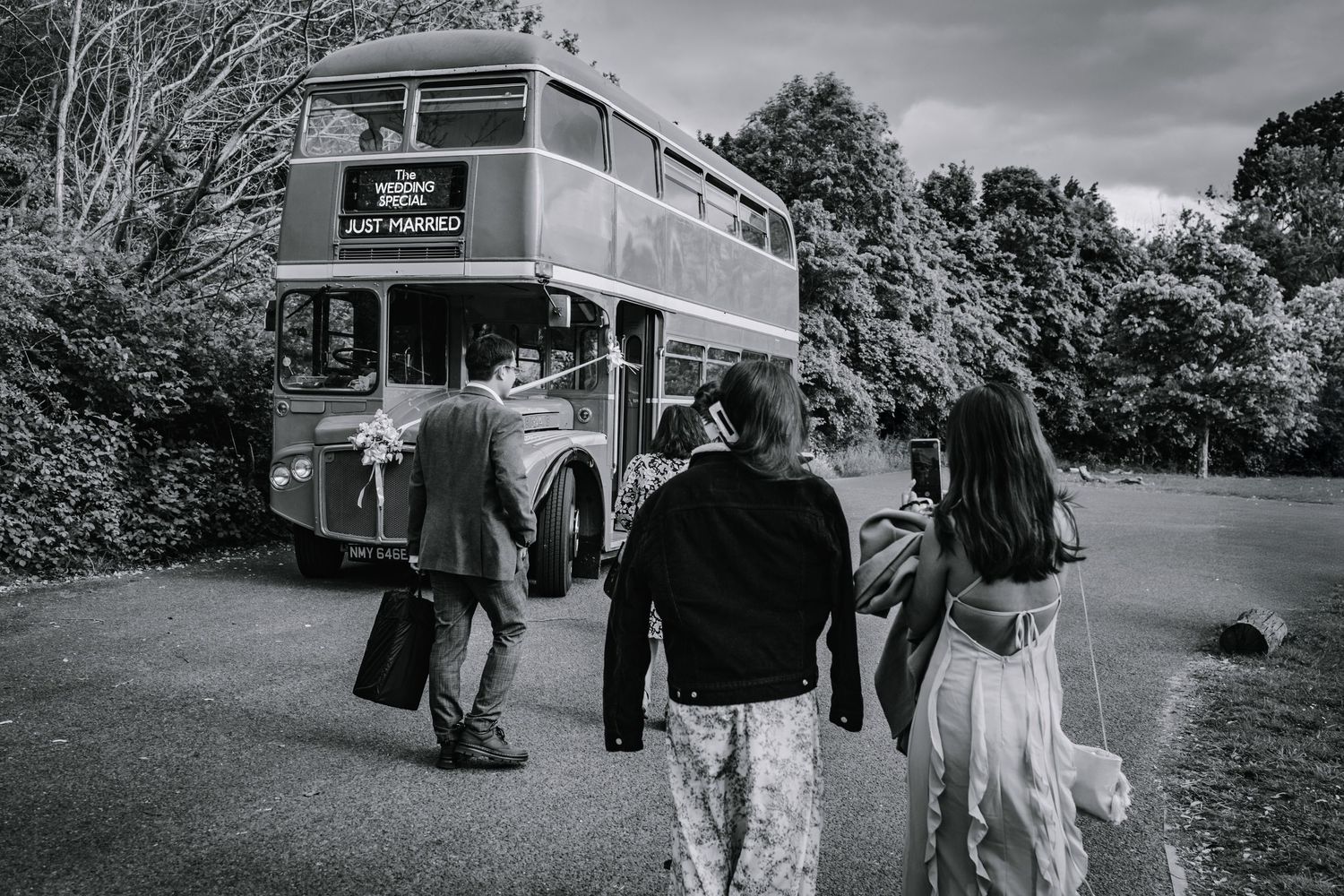 Bride and Groom on London wedding bus.