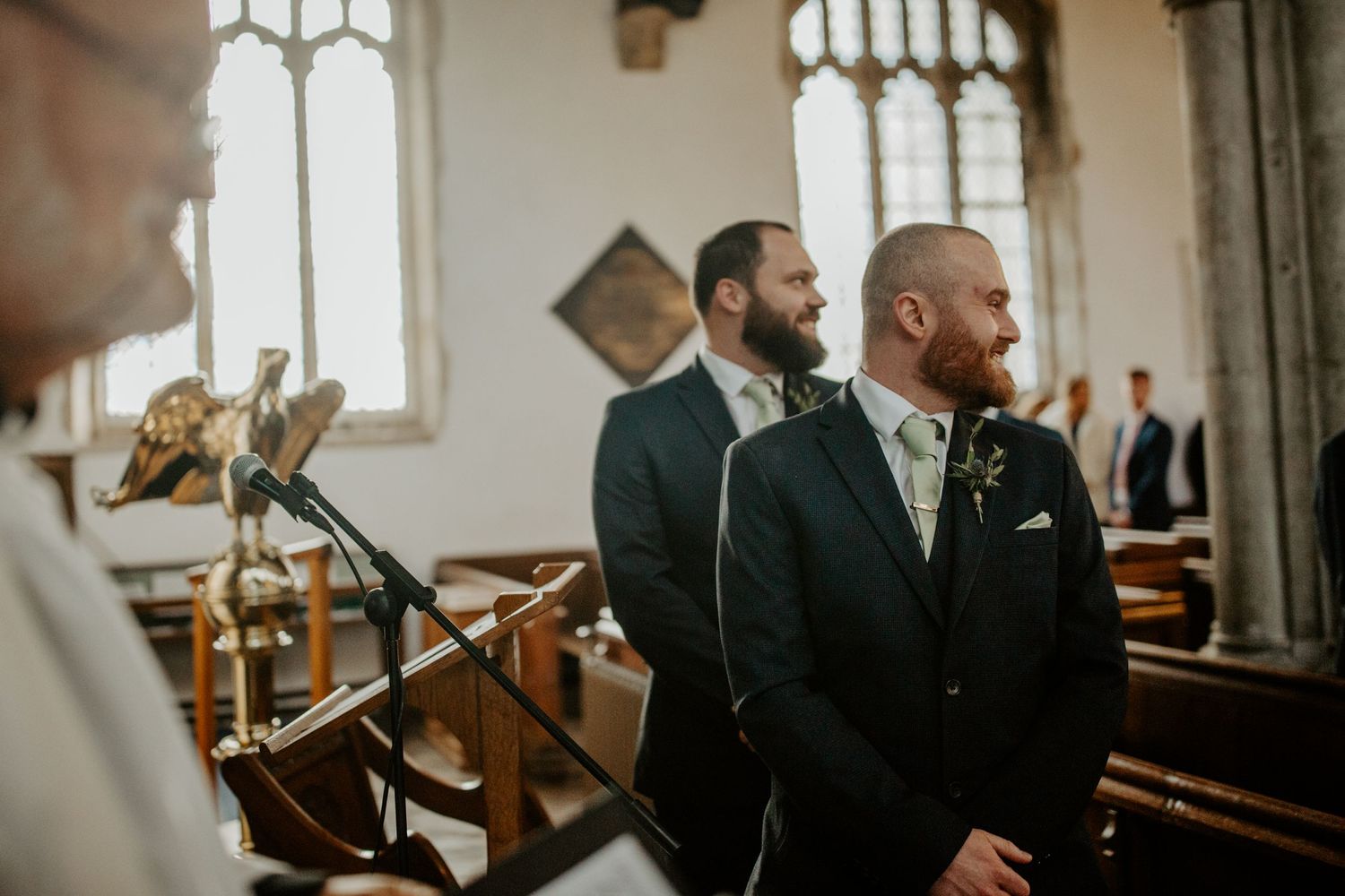 Groom watching bride walk down the aisle Braughing Church, Hertfordshire – RELM Photography.