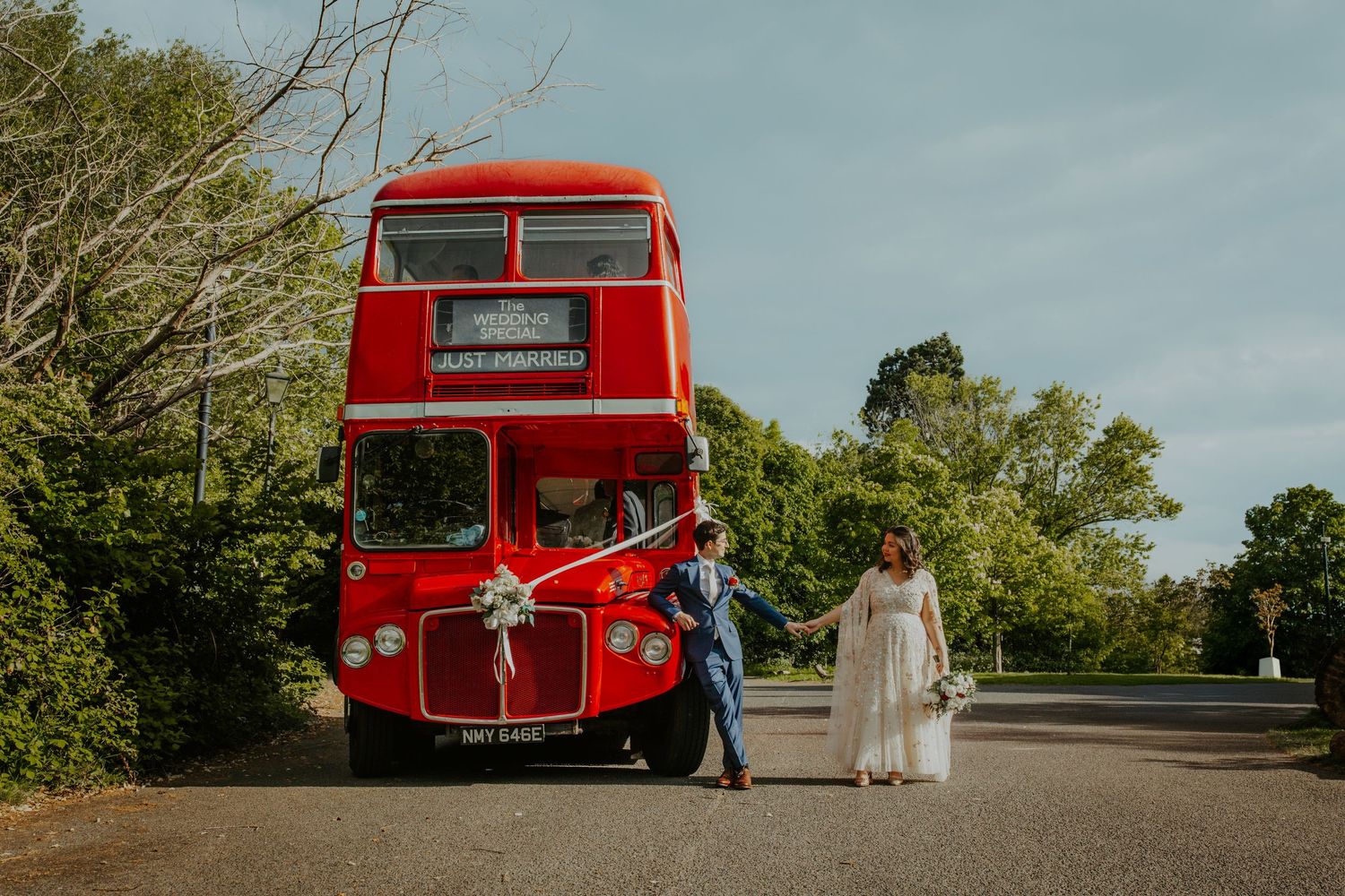 Bride and Groom on London wedding bus.