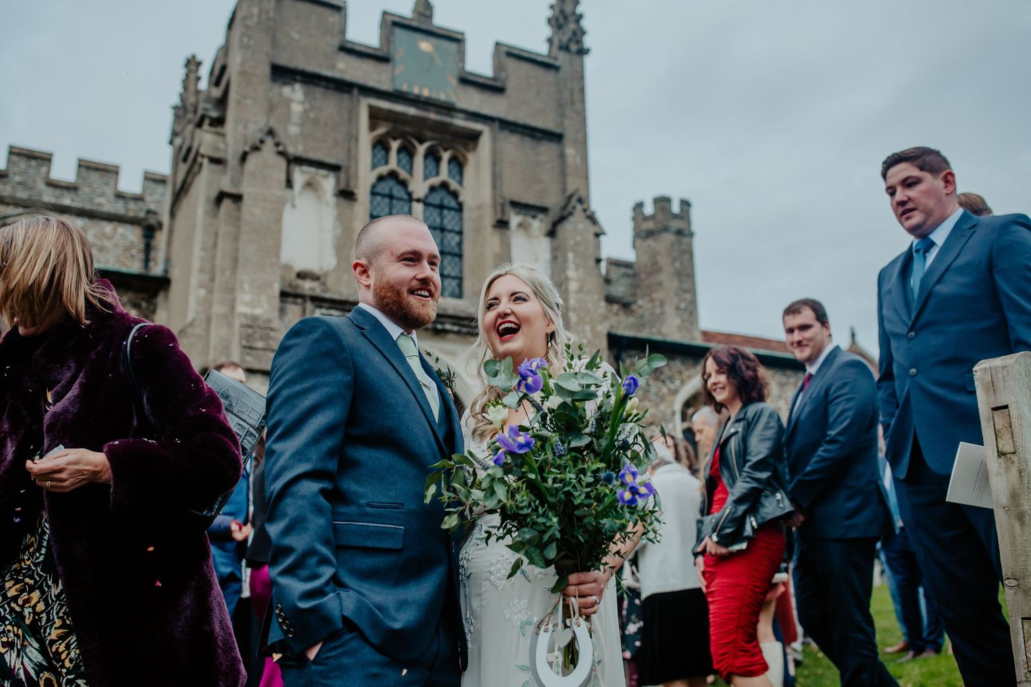 Bride and groom outside Braughing Church Hertfordshire, Photographer RELM Photography