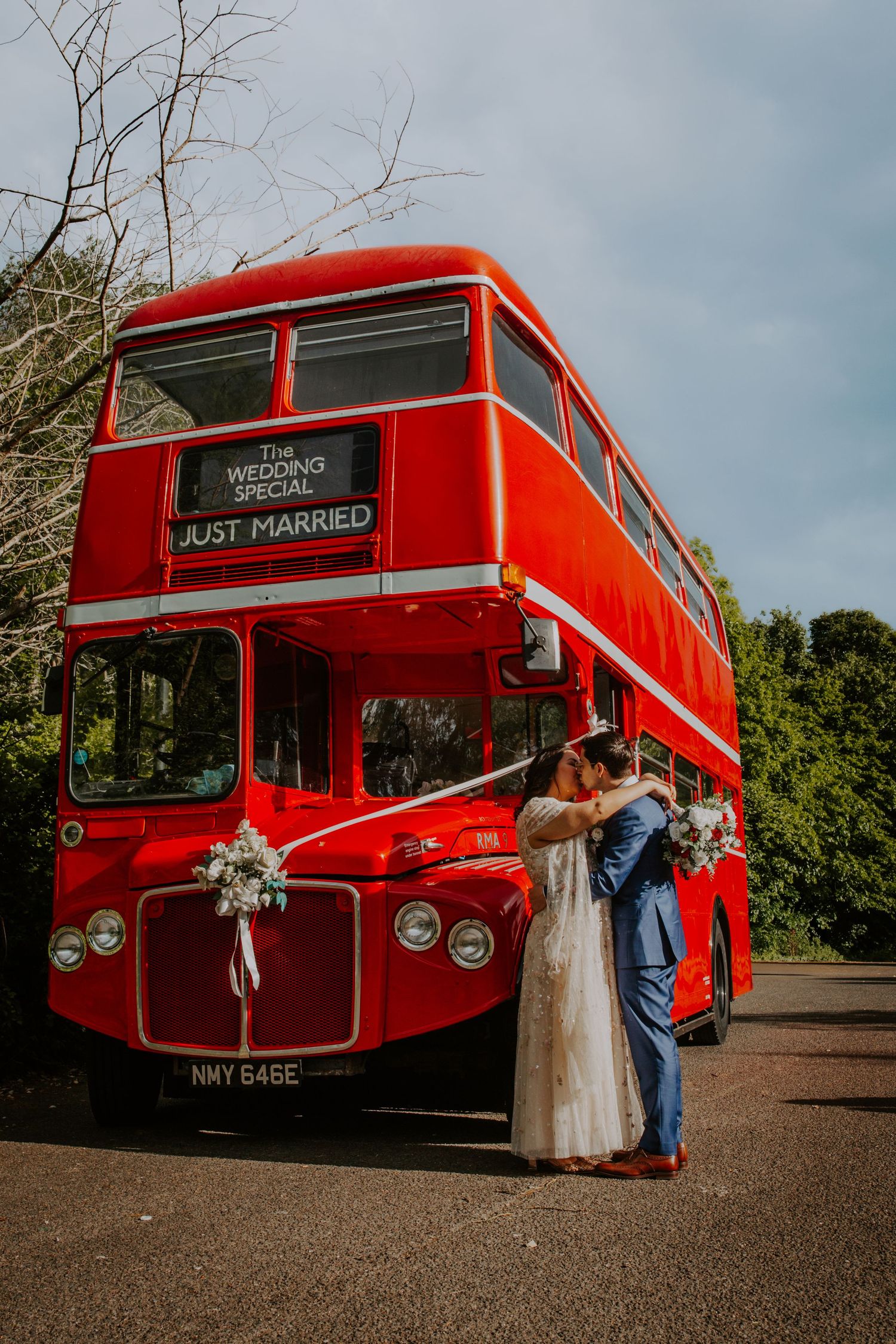 Bride and Groom on London wedding bus.