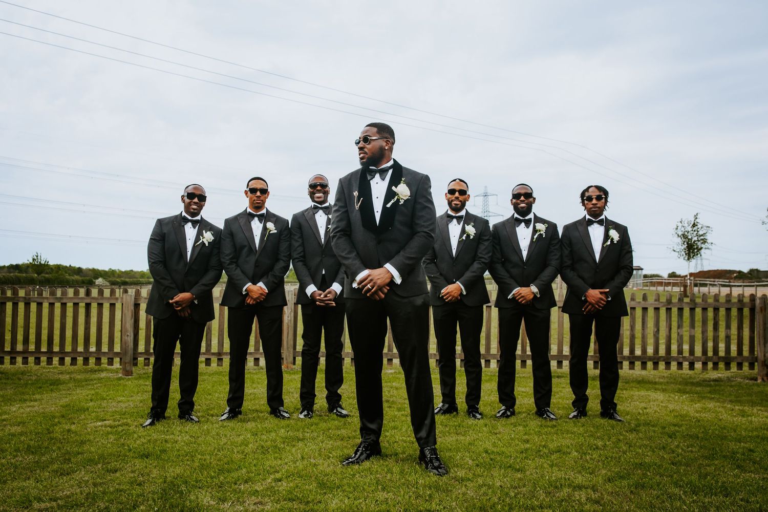Groom and groomsmen posing at Bunkers Barn Stud Farm Wedding, Leighton Buzzard, Bedfordshire.