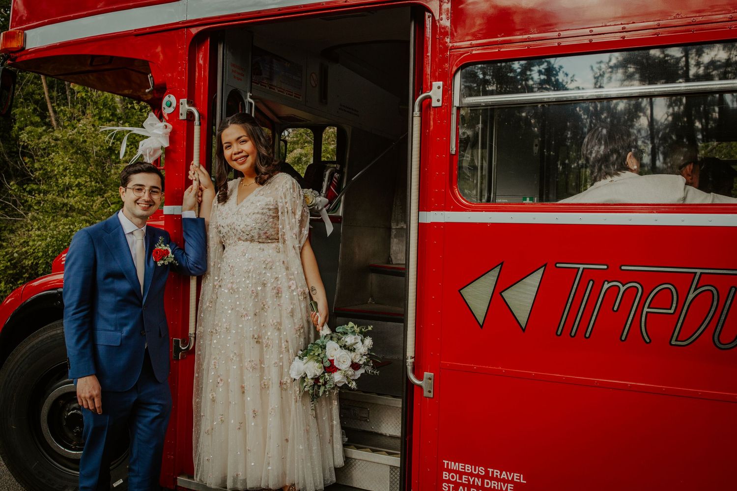 Bride and Groom on London wedding bus.