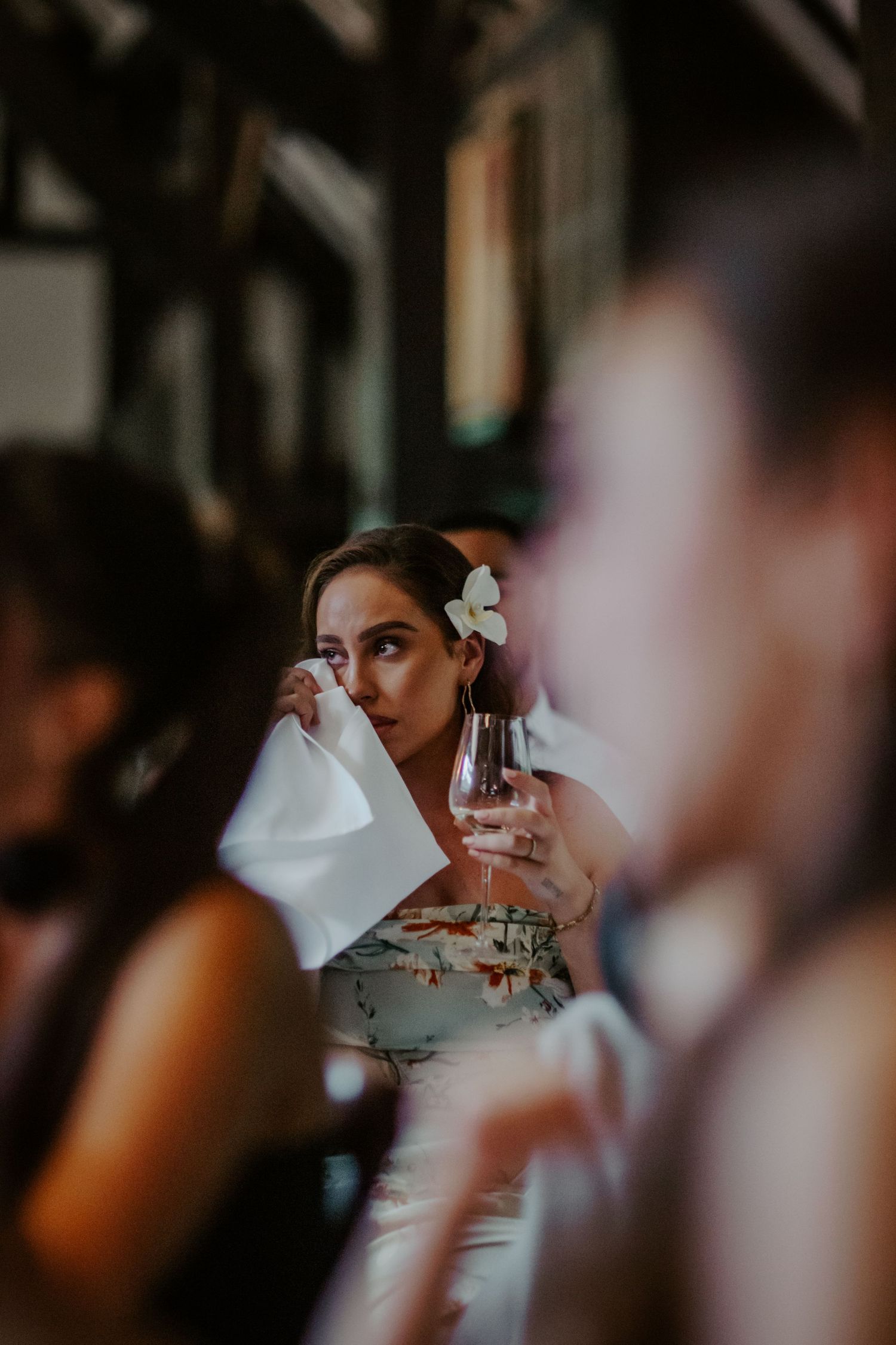 Emotional wedding guest at Ramster Hall, Chiddingfold, Godalming.