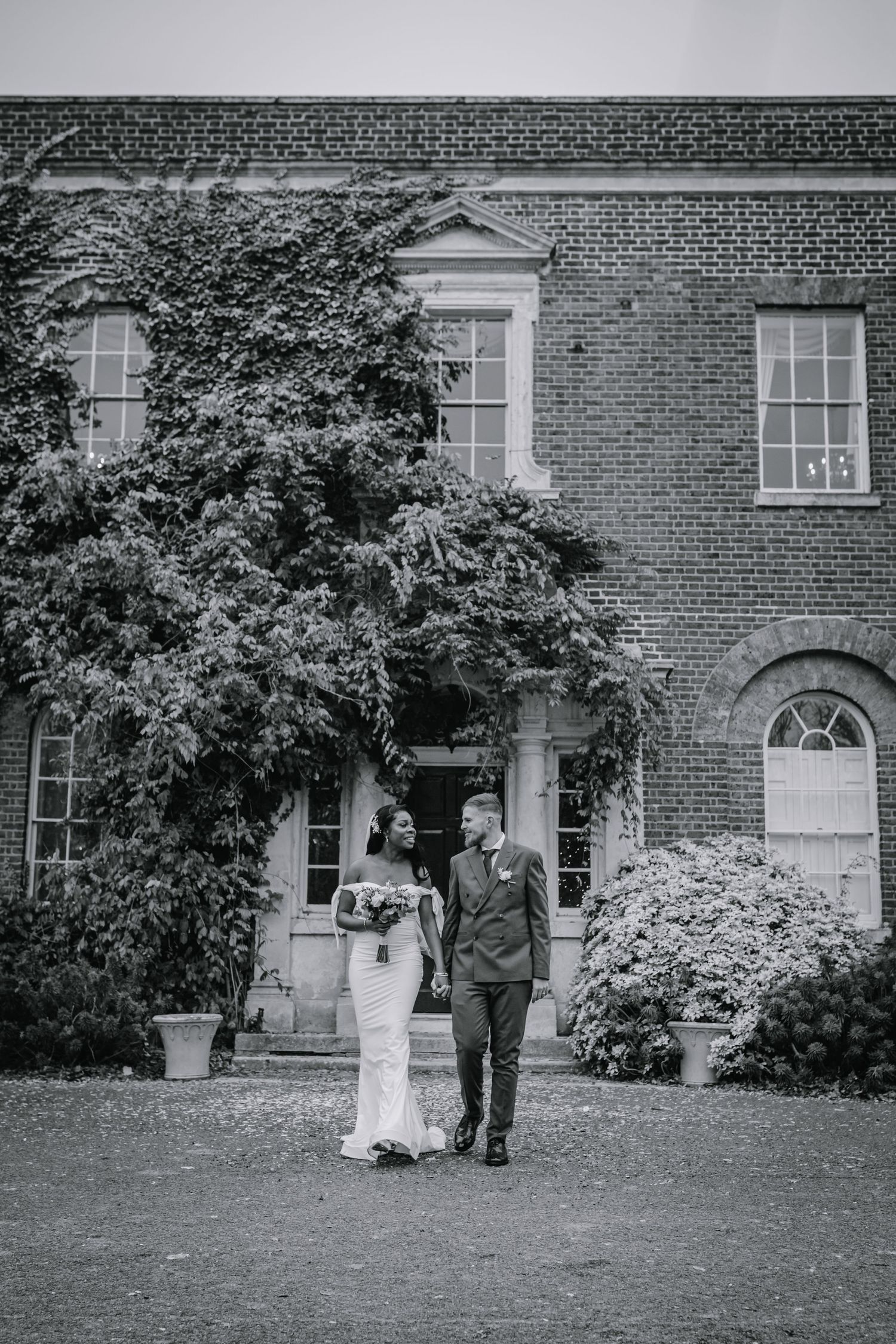 Black and white wedding photography outside Morden Park House, London - RELM Photography