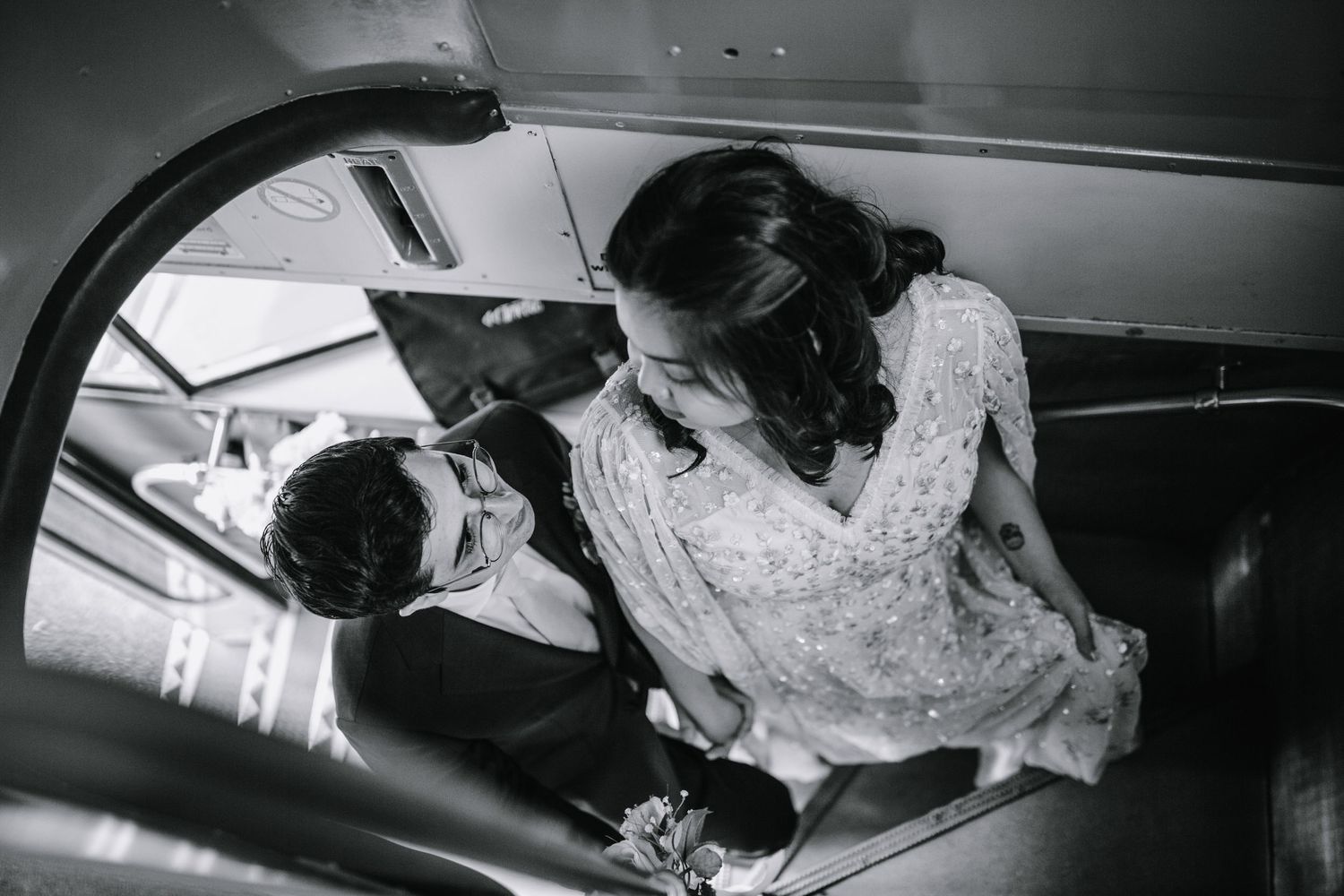 Bride and Groom on London wedding bus.