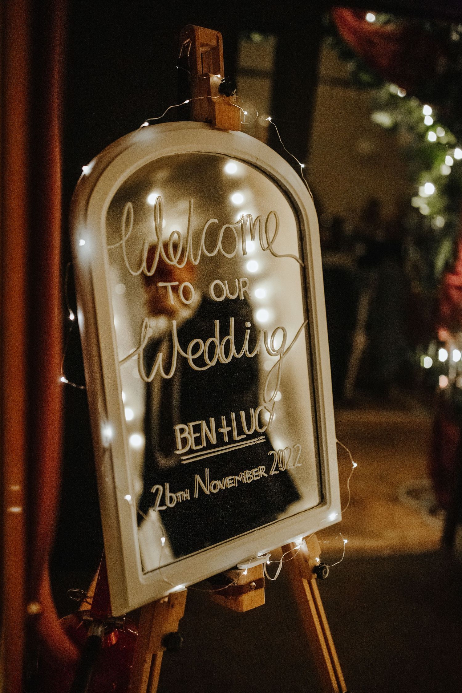 Bride and Groom welcome sign at Cottered Village Hall Hertfordshire, Photographer RELM Photography