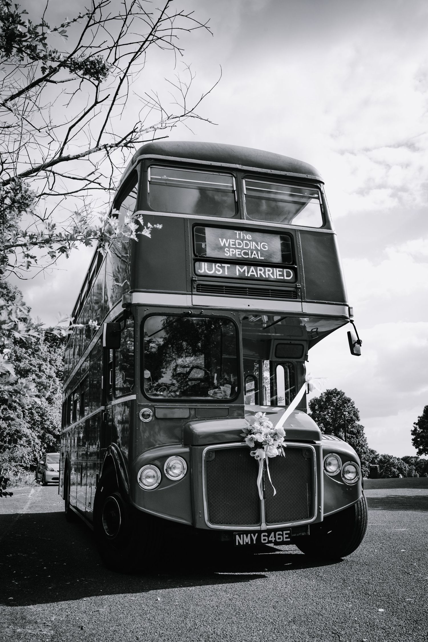 Bride and Groom on London wedding bus.