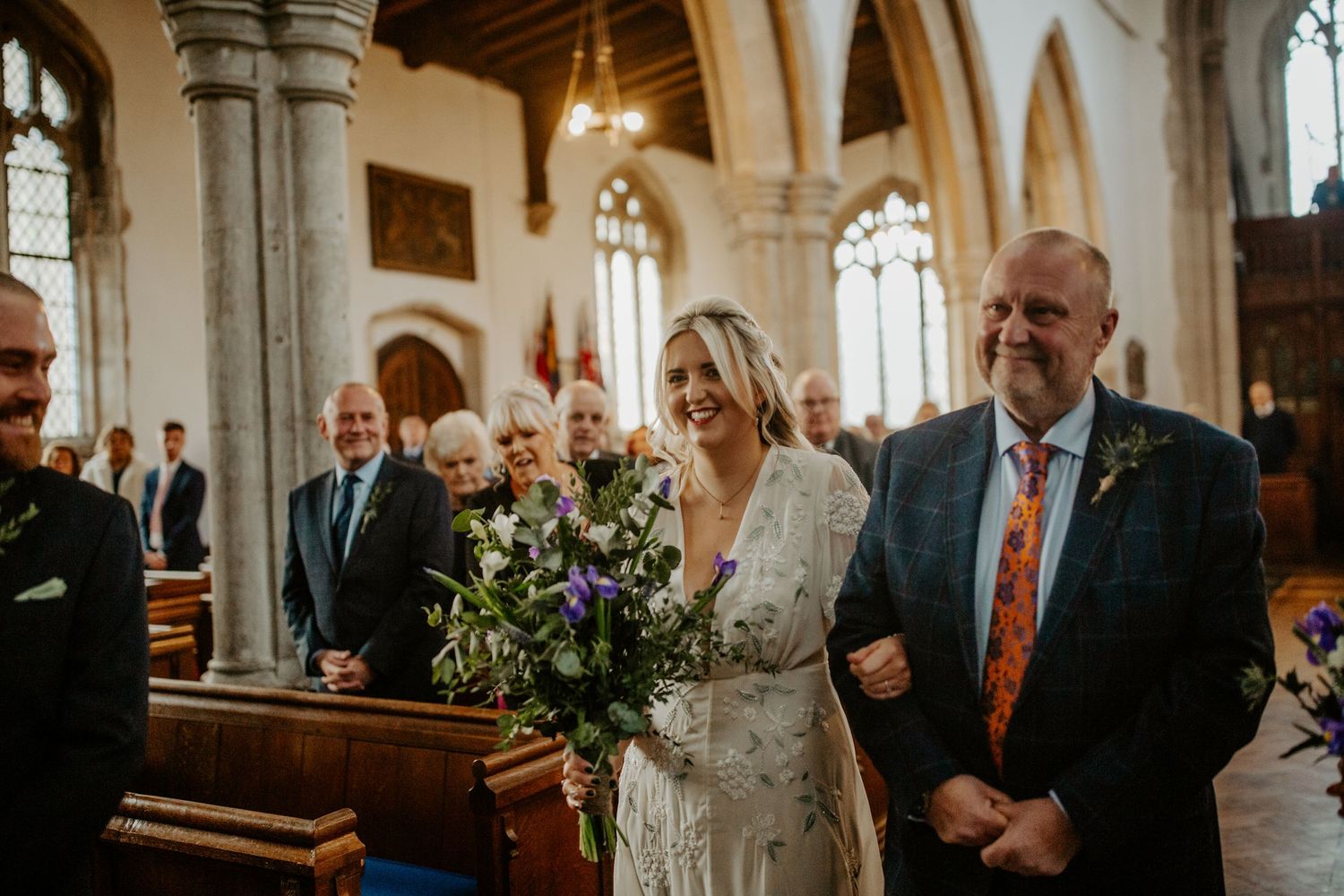 Bride and Father of the Bride walking down the aisle at Braughing Church, Hertfordshire – RELM Photography.