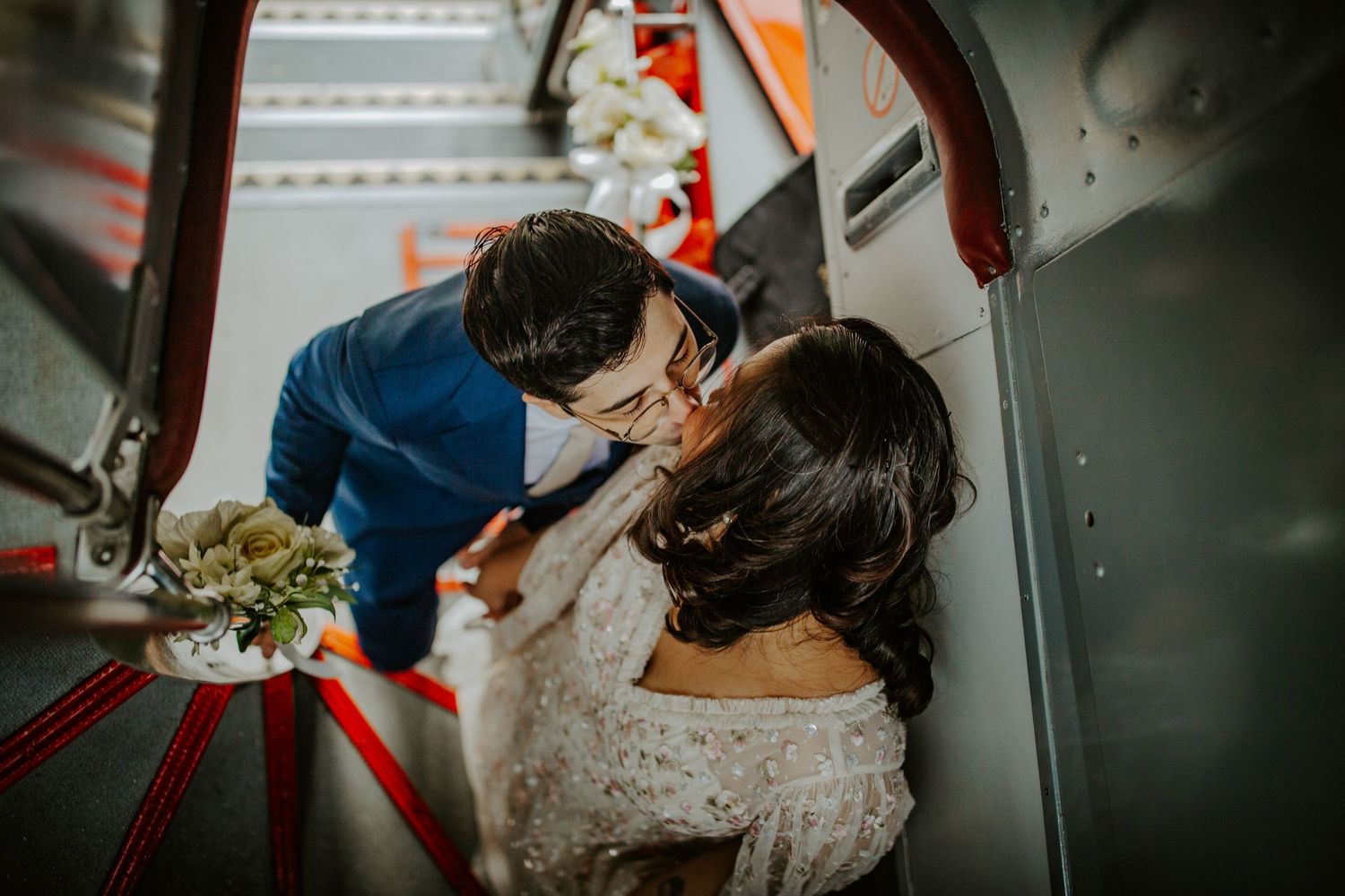 Bride and Groom on London wedding bus.