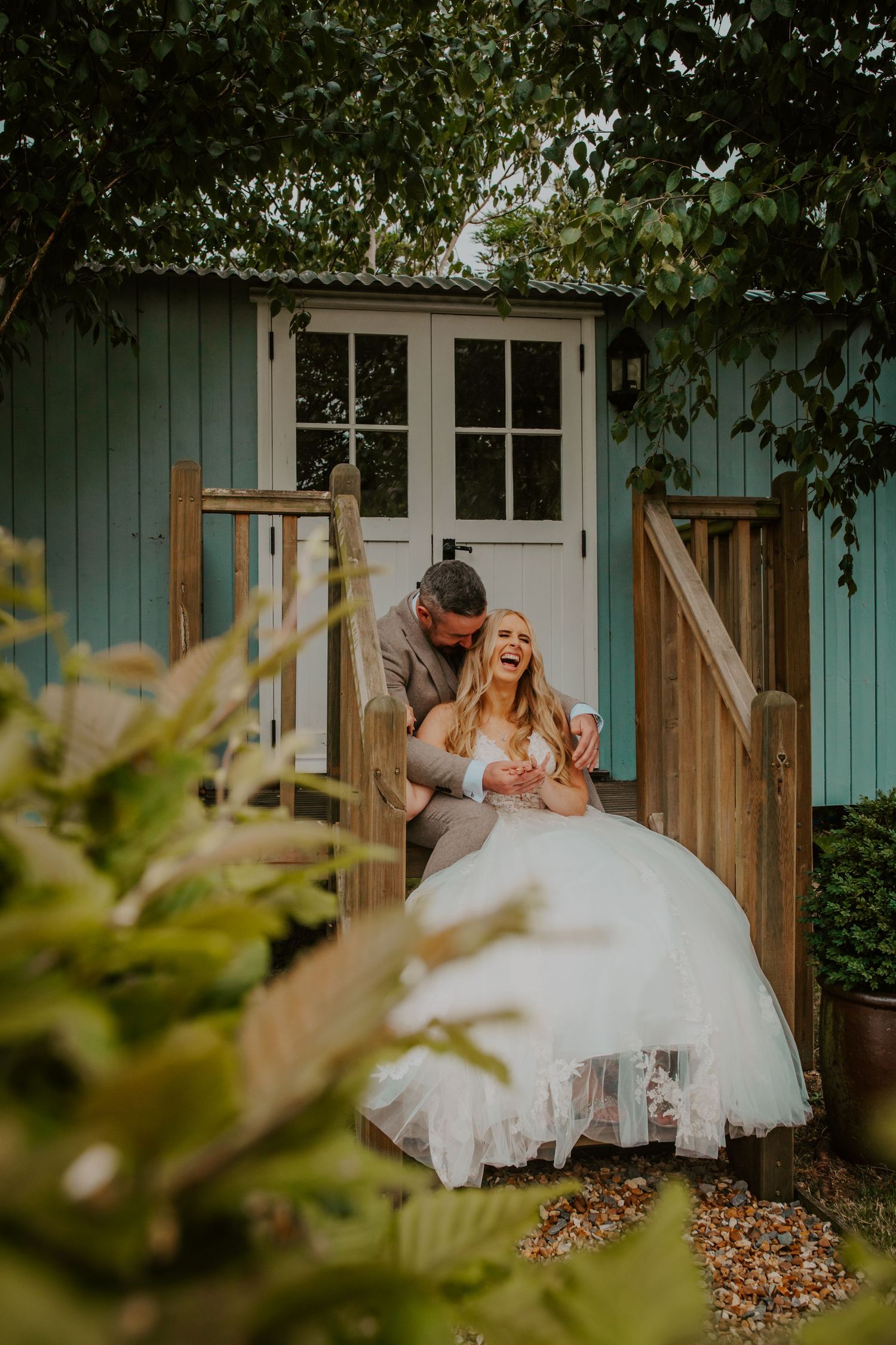 Bride and groom at Bassmead Manor Barns wedding, St. Neots.
