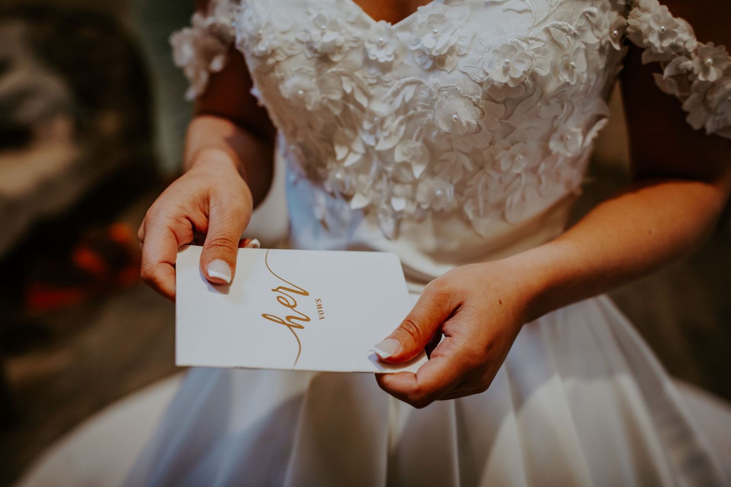 Closr up of brides vows before their wedding ceremony - Lapstone Barn – Chipping Campden, The Cotswolds