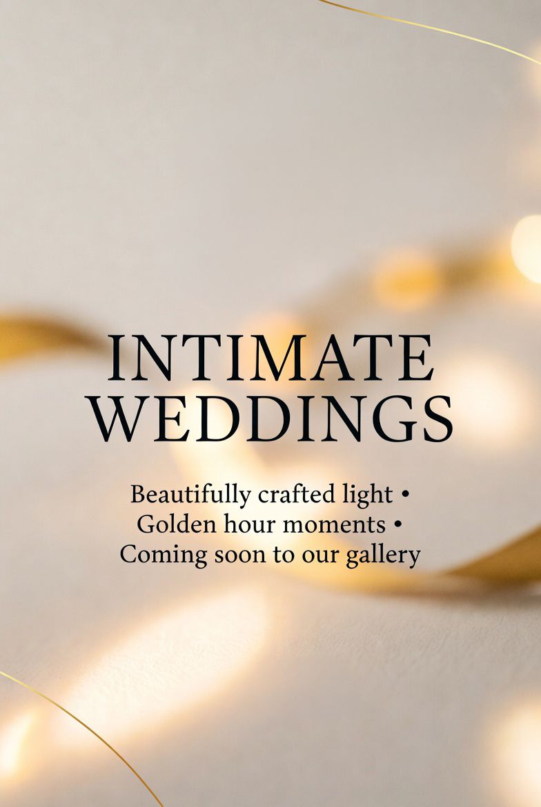 Elegant intimate weddings announcement with golden fairy lights bokeh background.
