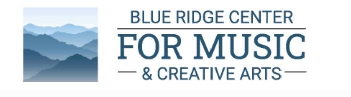 Blue Ridge Center for Music and Creative Arts logo with mountain landscape silhouette in blue tones.