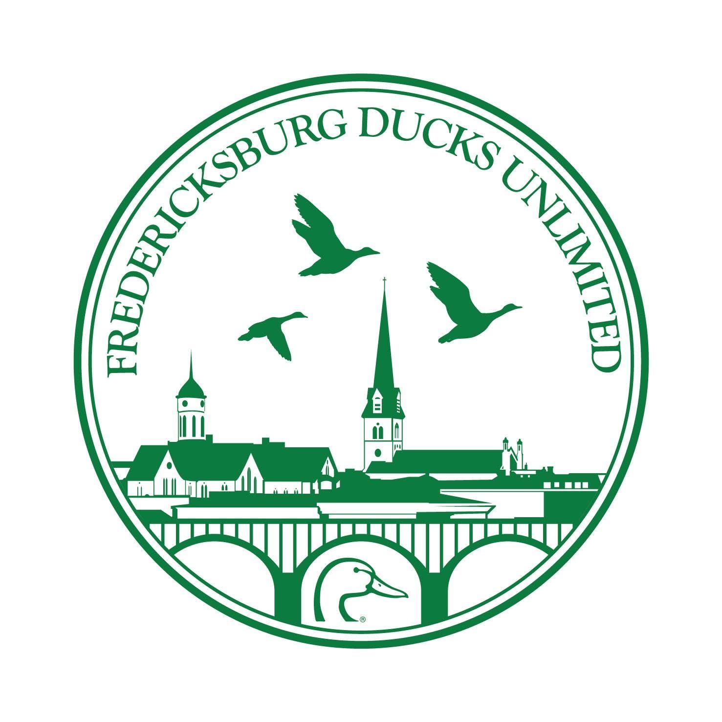 Fredericksburg Ducks Unlimited chapter logo featuring a green circular seal with ducks, historic bridge, and city skyline.