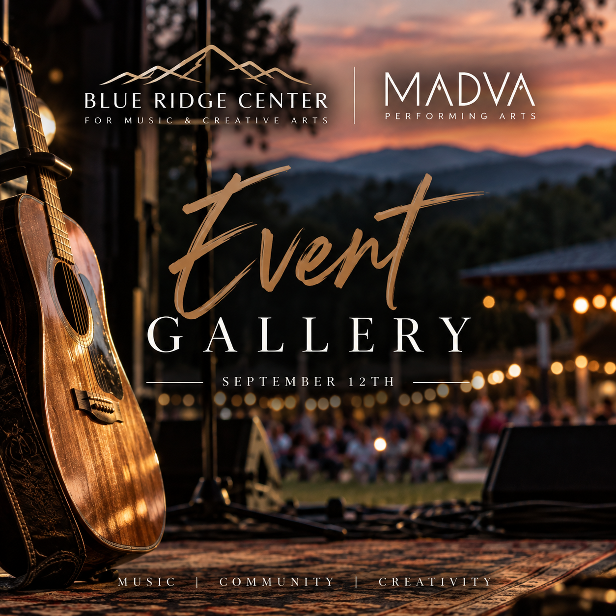 Blue Ridge Center for Music & Creative Arts Event Gallery on September 12th featuring live outdoor concert with acoustic guitar.