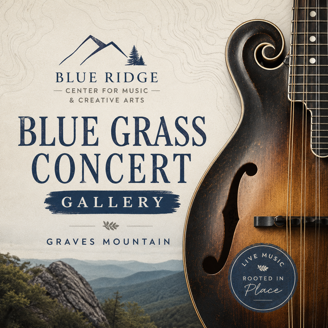Blue Ridge Center bluegrass concert gallery at Graves Mountain featuring a mandolin and mountain landscape backdrop.