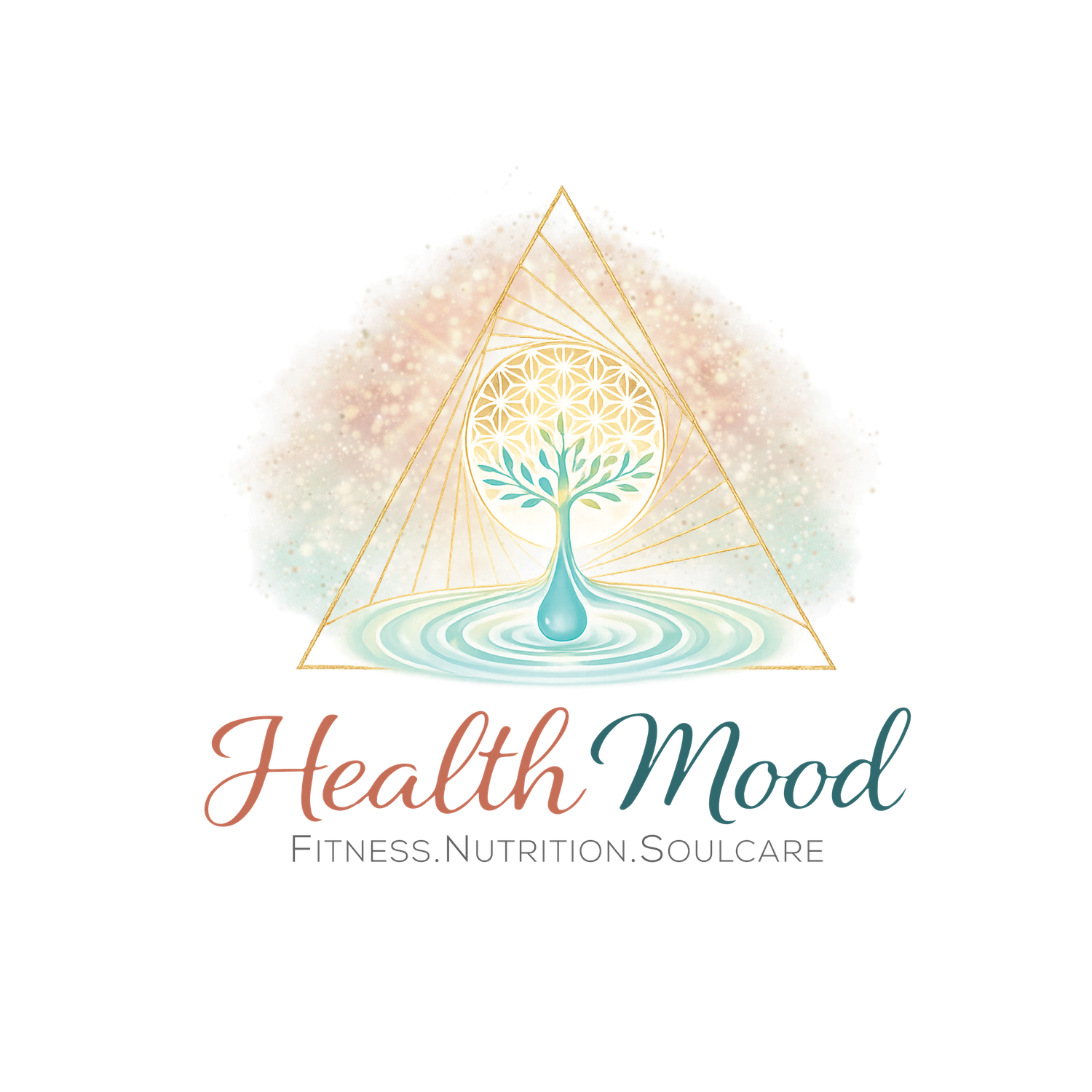 Health Mood logo featuring a tree with a water droplet inside a golden triangle, with text Fitness, Nutrition, Soulcare.