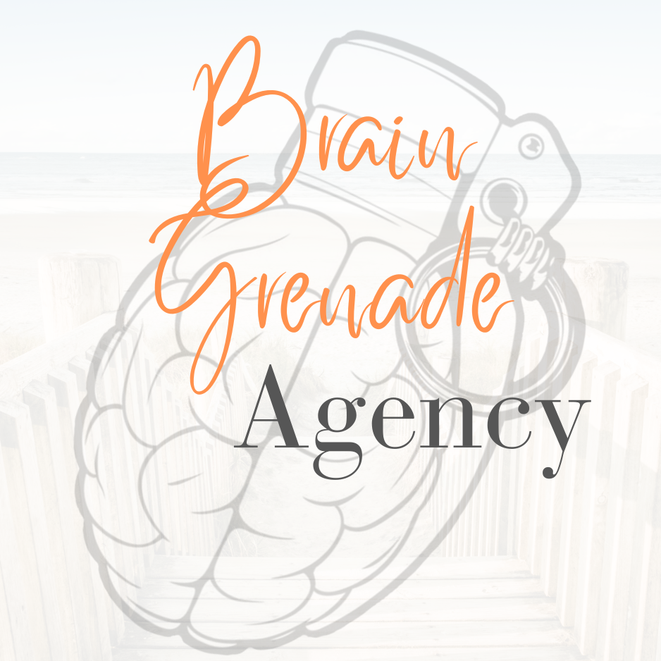 Brain Grenade Agency logo featuring orange cursive text over a brain and grenade illustration on a light background.