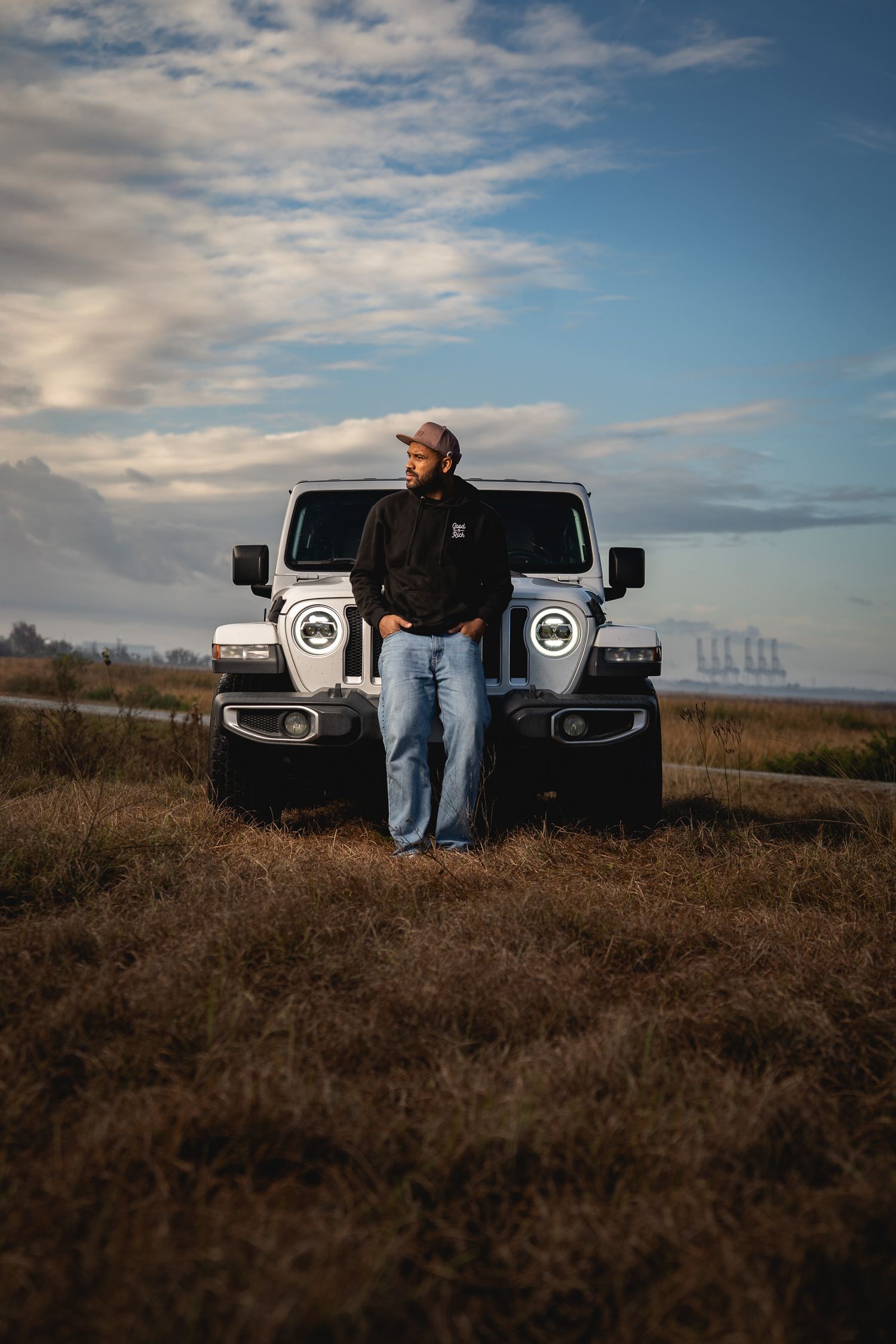 Lifestyle portrait photography in the South Carolina Lowcountry featuring a Jeep and cinematic outdoor scenery by GoodnRich Photography