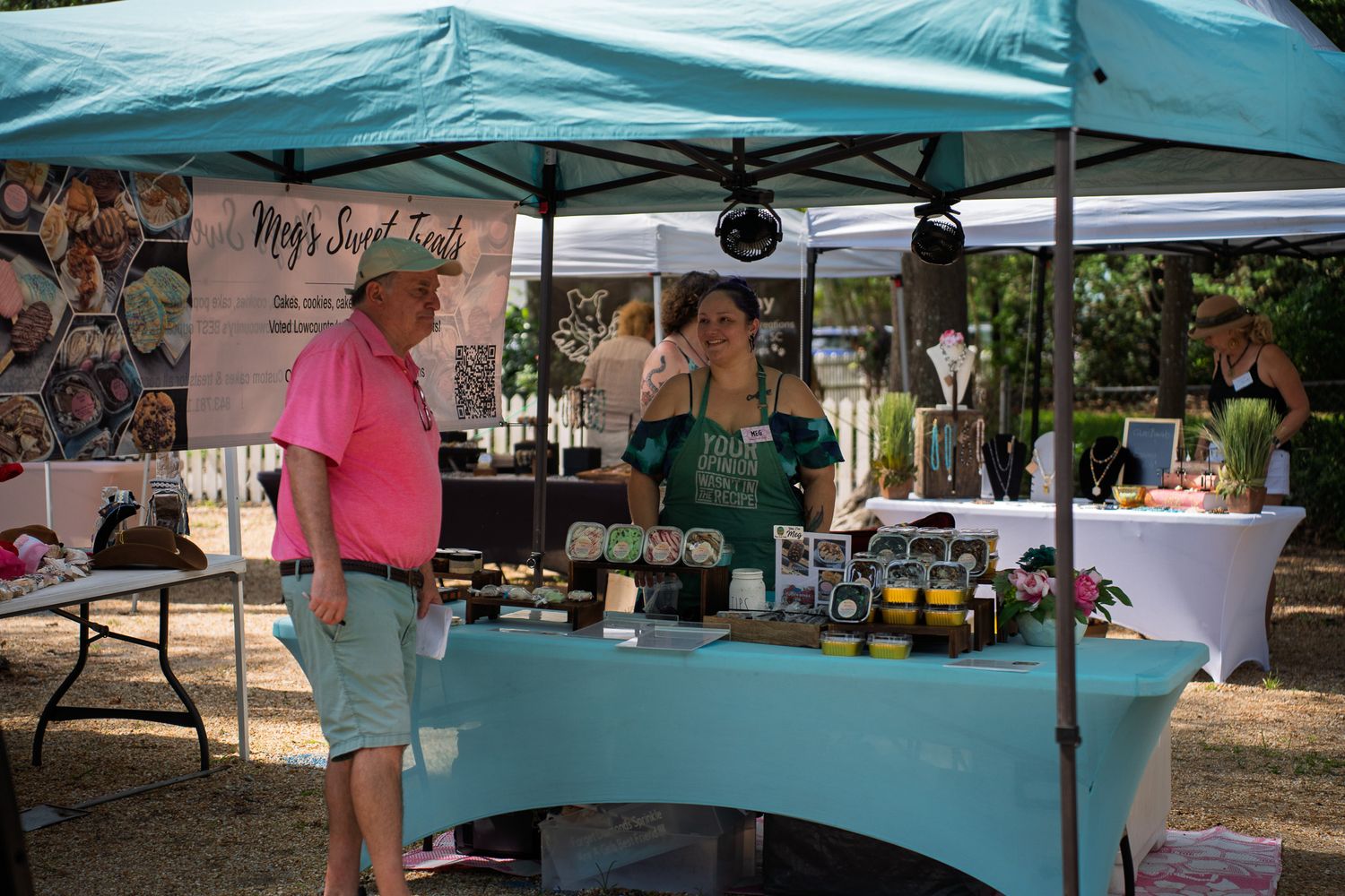 Meg’s Sweet Treats vendor booth offering homemade desserts during the Bluffton Farm and Flea grand opening in Bluffton, South Carolina.