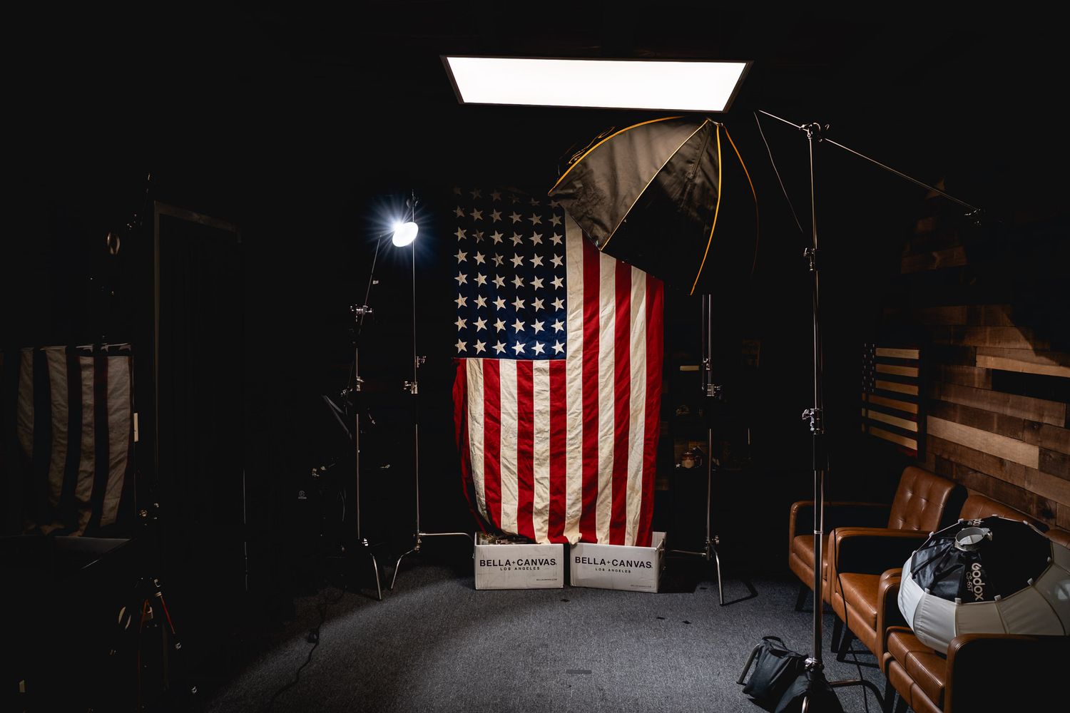 Behind-the-scenes studio setup with American flag backdrop, continuous lighting, and softboxes for a Nine Line Apparel tactical photoshoot.