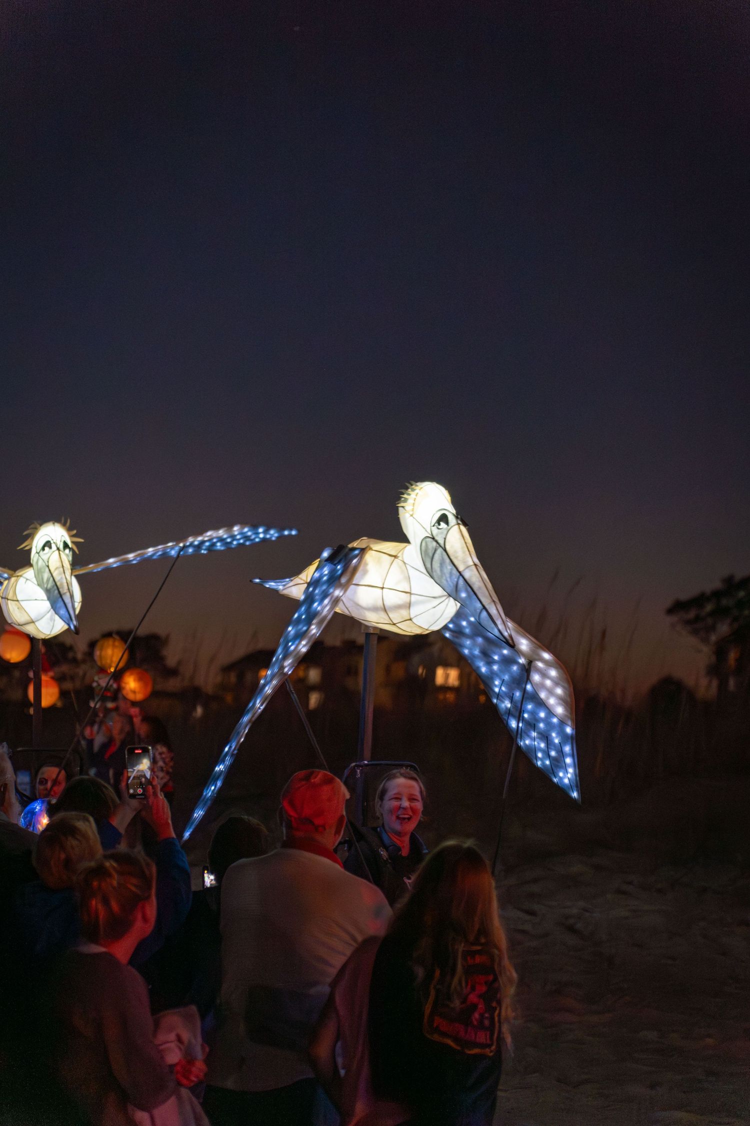 Glowing pelican lanterns with bright LED wings hover above spectators at the Hilton Head Island Lantern Parade.