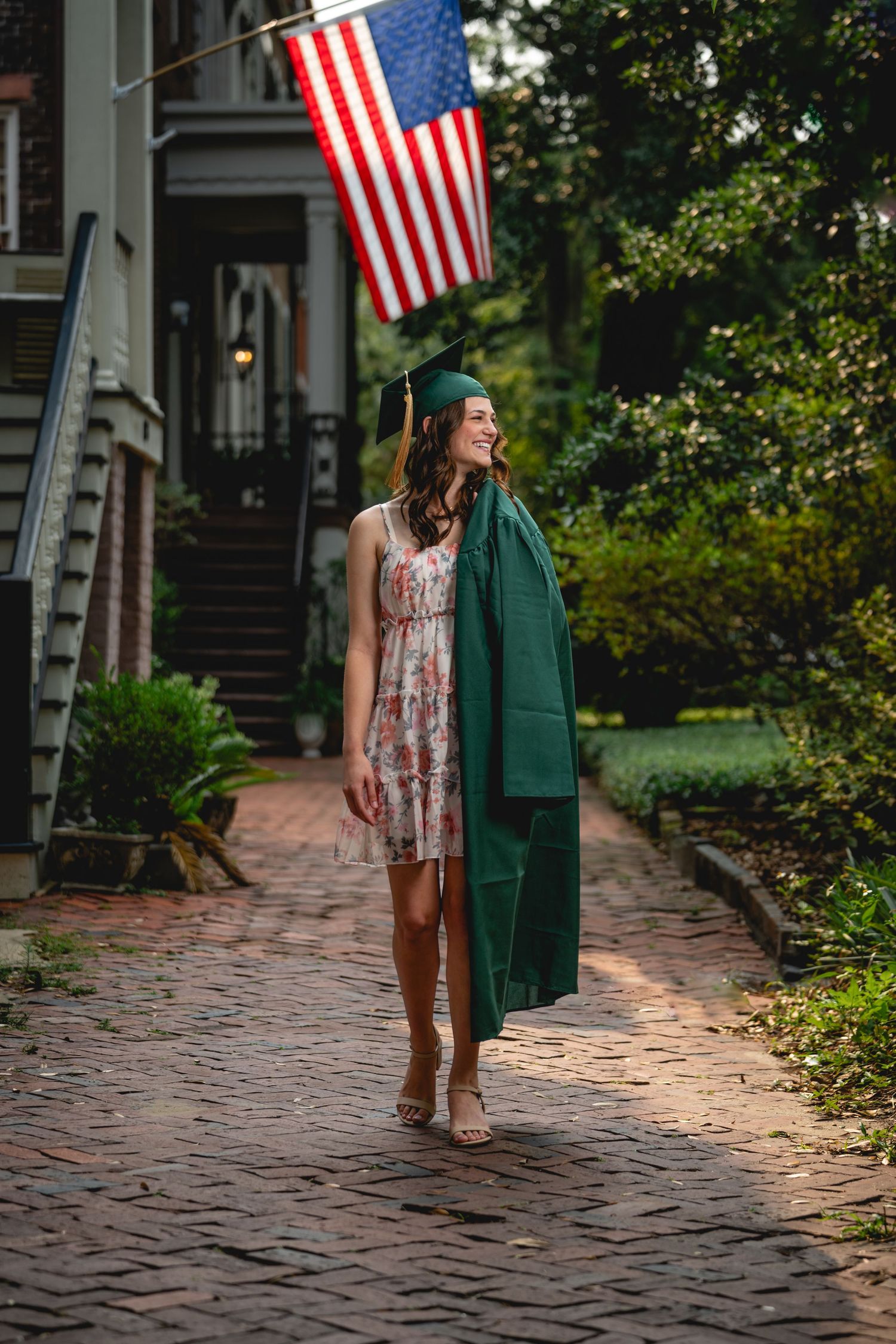 Graduation portrait photography in Savannah featuring historic Southern architecture and cinematic storytelling by GoodnRich Photography