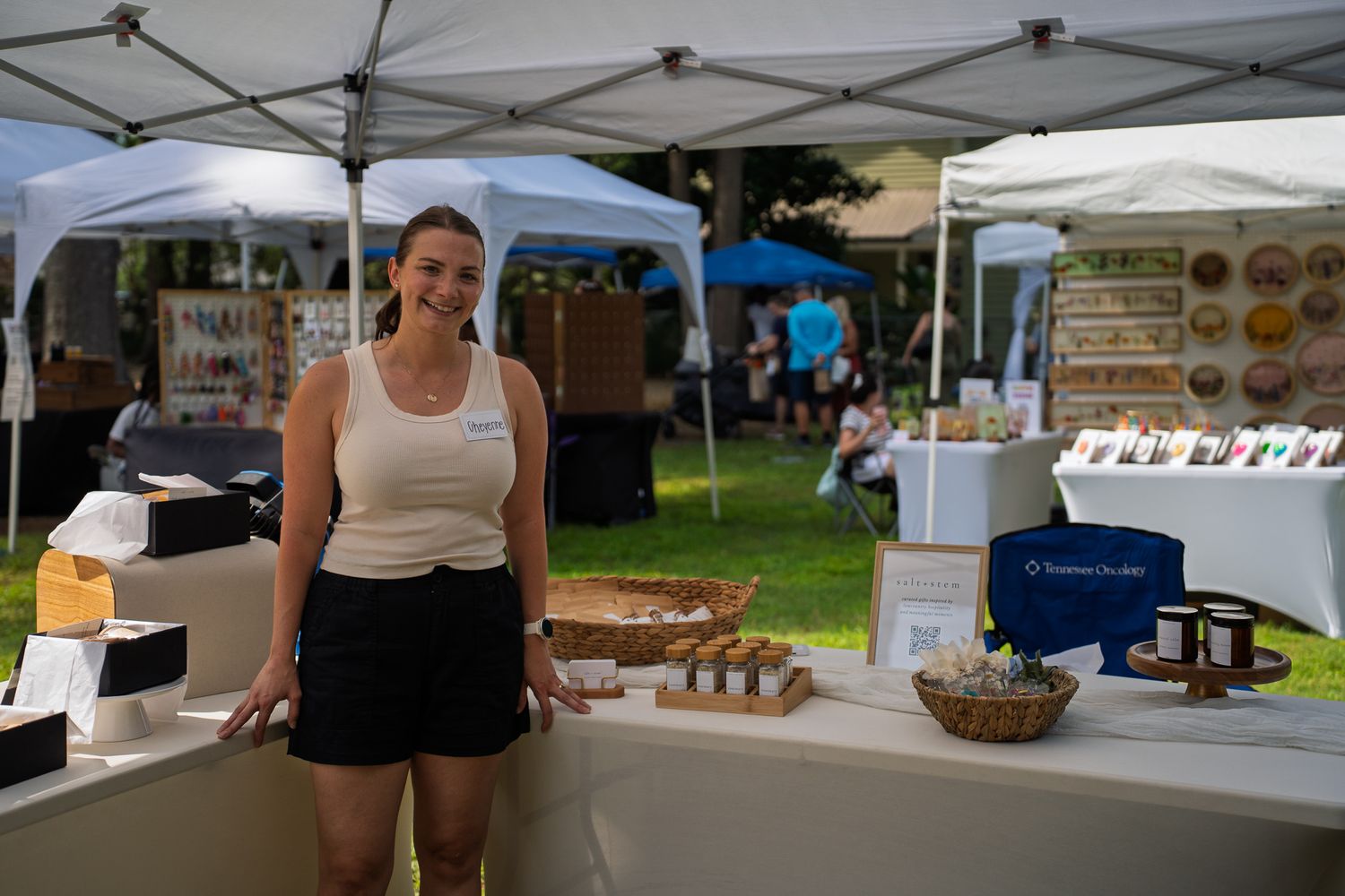 Salt + Stem vendor booth featuring gourmet salts, candles, and handcrafted gifts at Bluffton Farm and Flea in Bluffton, South Carolina.
