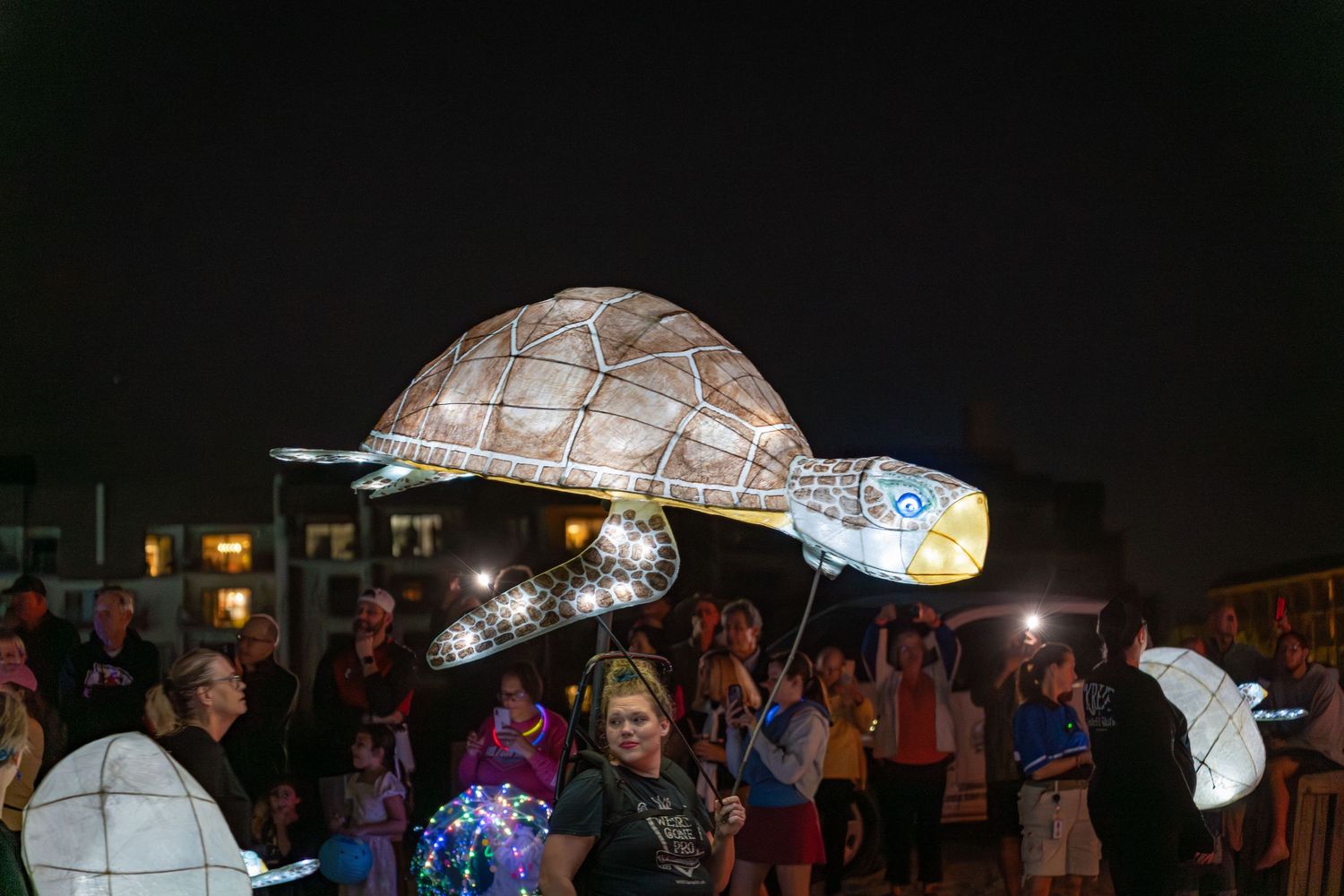 Illuminated pelican lanterns with shimmering LED wings float above the crowd at the Hilton Head Lantern Parade.