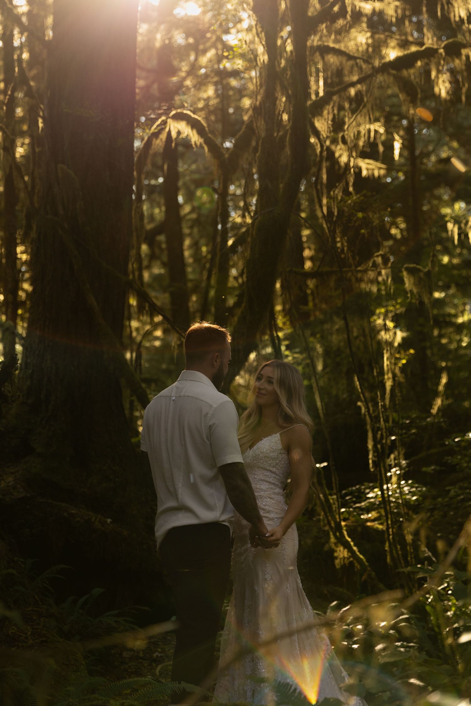 Couple holding hands in a sunlit forest, surrounded by moss-covered trees and golden light.