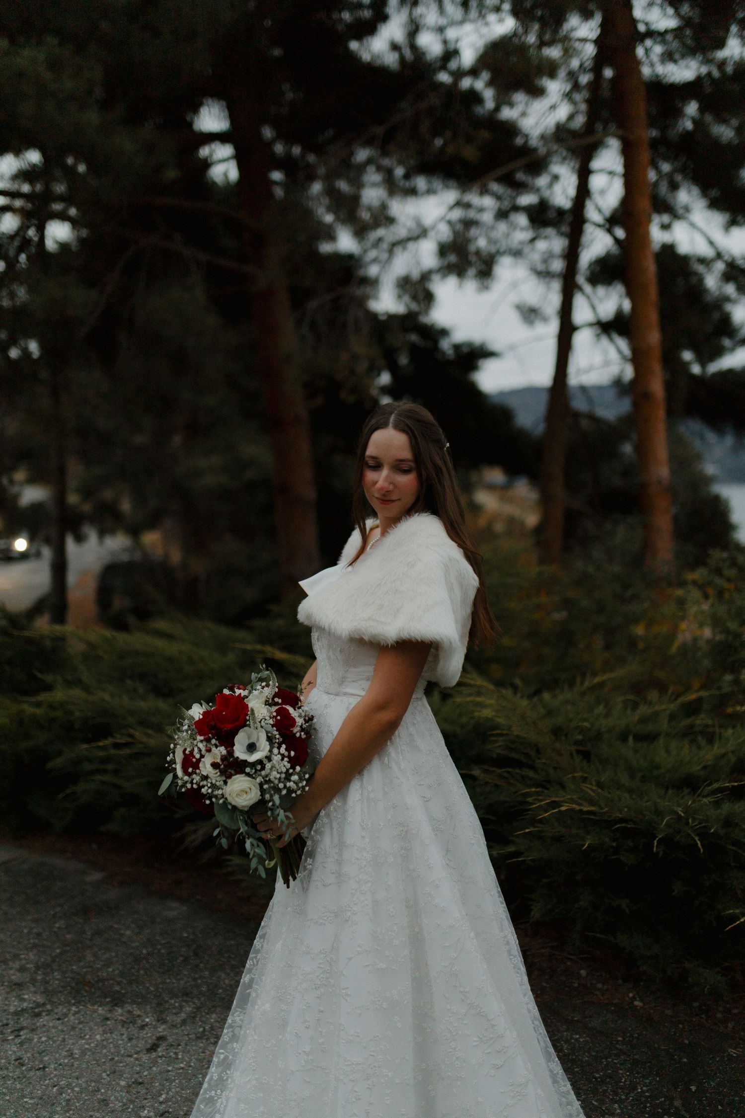 Elegant bride in white lace gown with fur shawl holding red and white bouquet among pine trees.